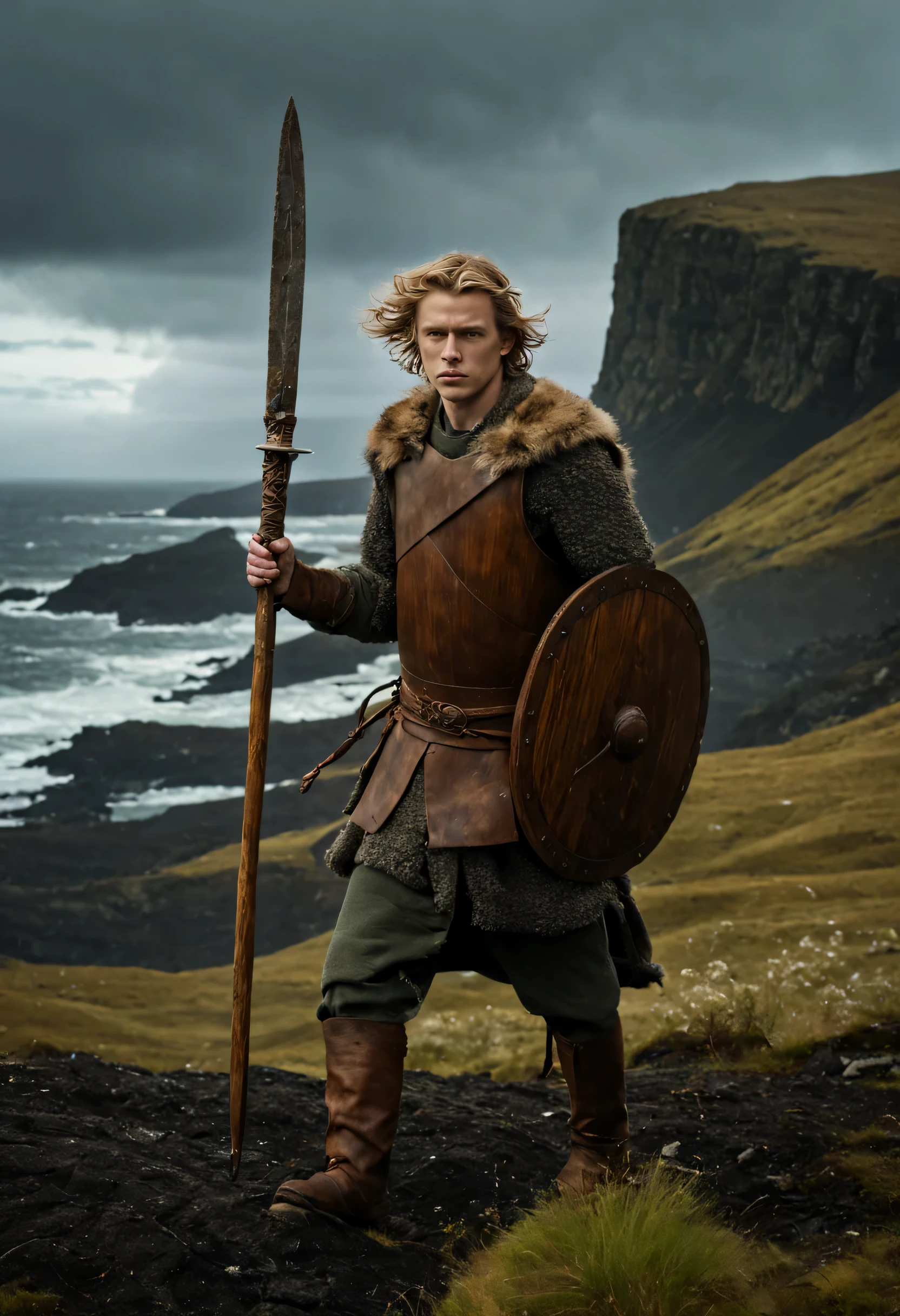 "masterpiece, best quality, 4K, high detail, Super detailed, A young egir standing in a rugged Icelandic landscape covered with tundra, His face showed a determination that belied his youth, holding a rough wooden sword and a simple round wooden shield, Waves crash violently against the jagged cliffs, under a leaden sky signaling the imminent challenge and adventure, young egir, tundra, ((rough wooden sword)), ((simple round wooden shield)), The waves lap against the cliffs, ((leaden sky)), challenge, adventure"

