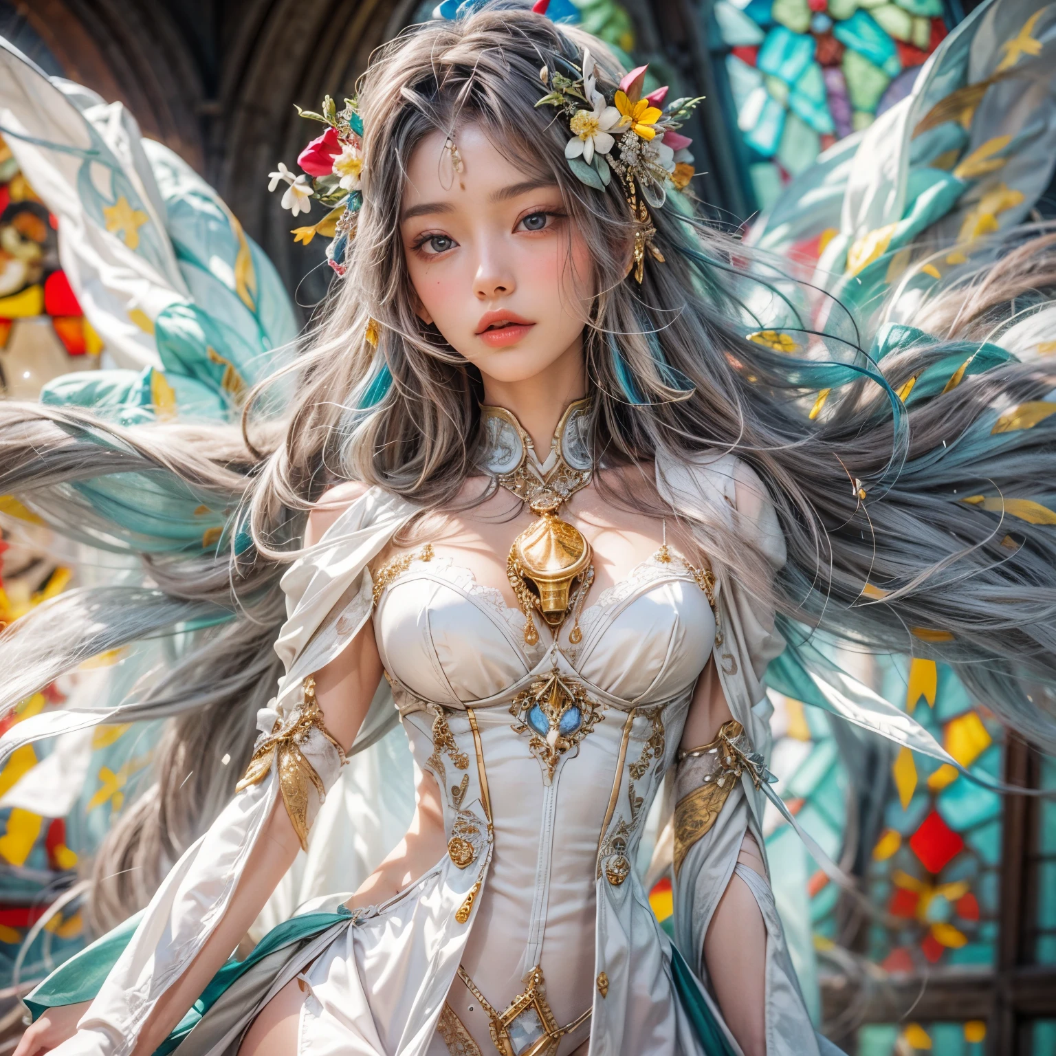 KAWAII girl in ((WHITE loose opened uniform)), with Glossy RED lips, (Exposed:0.7), (nipple:-1), { Extremely closeup | Dynamic-angle }, ((Dazzling stained glass Background)), (( colorful Light pours down from stunning elaborate stained glass:1.2)), vivid Red colors . ((Acutance:0.8, physically-based 3D rendering with Volumetric lighting)), (masterpiece:1.2), (ultra-detailed:1.35), (realistic, photorealistic, ((photo-realistic:1.37))with touch of rawness) . ((Renbutsu Misako)), (Extremely detailed KAWAII face variations, with Dynamic expressions), (detailed eyes with sparkling highlights), captivating gaze, long eyelashes, subtle blush on the face, rosy cheeks, impeccable ivory skin texture . { full of flowers covering girl's body | Mystic sight | God rays | haze | Light Particle | Luminous Particle | Lens Flare | A Halo in the air | Overflowing underboob | Button Undoned } . (((Unaligned fingers:-0.9))) .