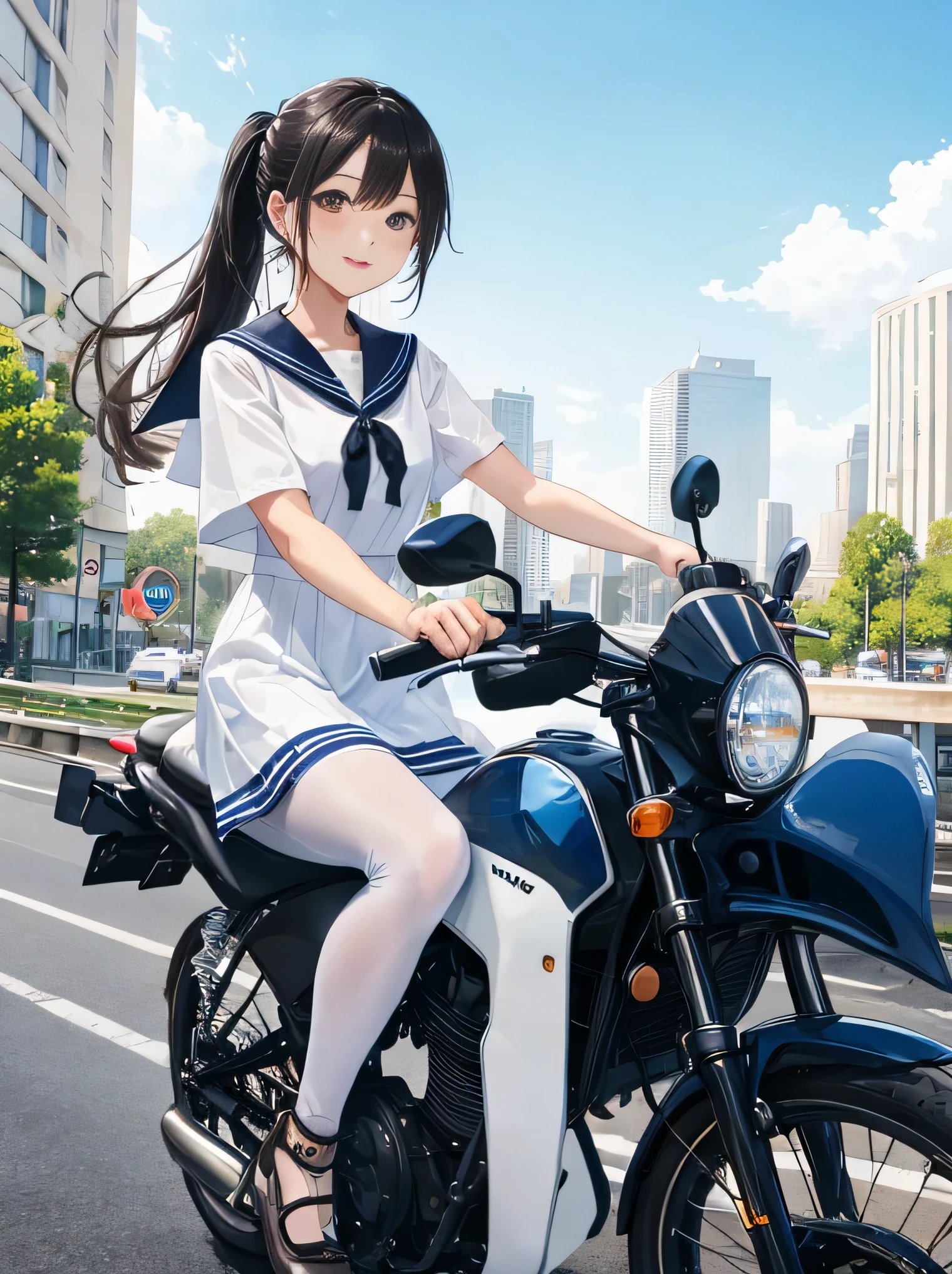 (8K、RAW photo、highest quality)、detailed background、beautiful and detailed face、beautiful and smooth skin、skin texture、professional lighting、Cute beautiful Iful Girl、Cute character wearing a sailor suit.、
The costume is an elegant dress with a sailor collar and ribbon..、Sexy Pantyhose、Cute Ponytail、
Ride around town on a road bike、You can achieve speed even in the city.、You can also enjoy the view of the city..。skyscrapers and beautiful architecture、Park and riverside scenery、Enjoy the charm of the city while driving.。