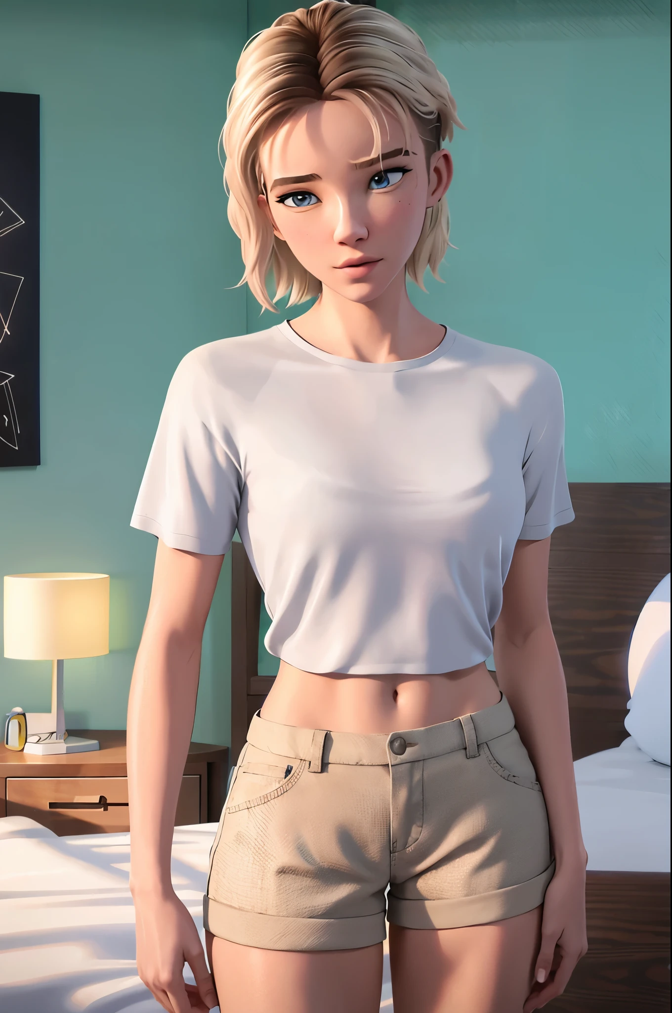 [soft ambient light],Mu bedroom background,(Beautiful One Girl),SCWEN, (20 year old student)) [short-hair] ((very muscular)) [Scrawny],(selfee) etching [sweaty],[details face],(Beautiful skin expression [transparency]),(More about beautiful skin),[Realistic papilla details],[Physical details],(Realistic physical details),Eros no Corpo Natural,[ideal anatomy],[Desaturation],(high qualiy),(high resolution),((Small tits)),(((casual clothes))),shirt,skirt.