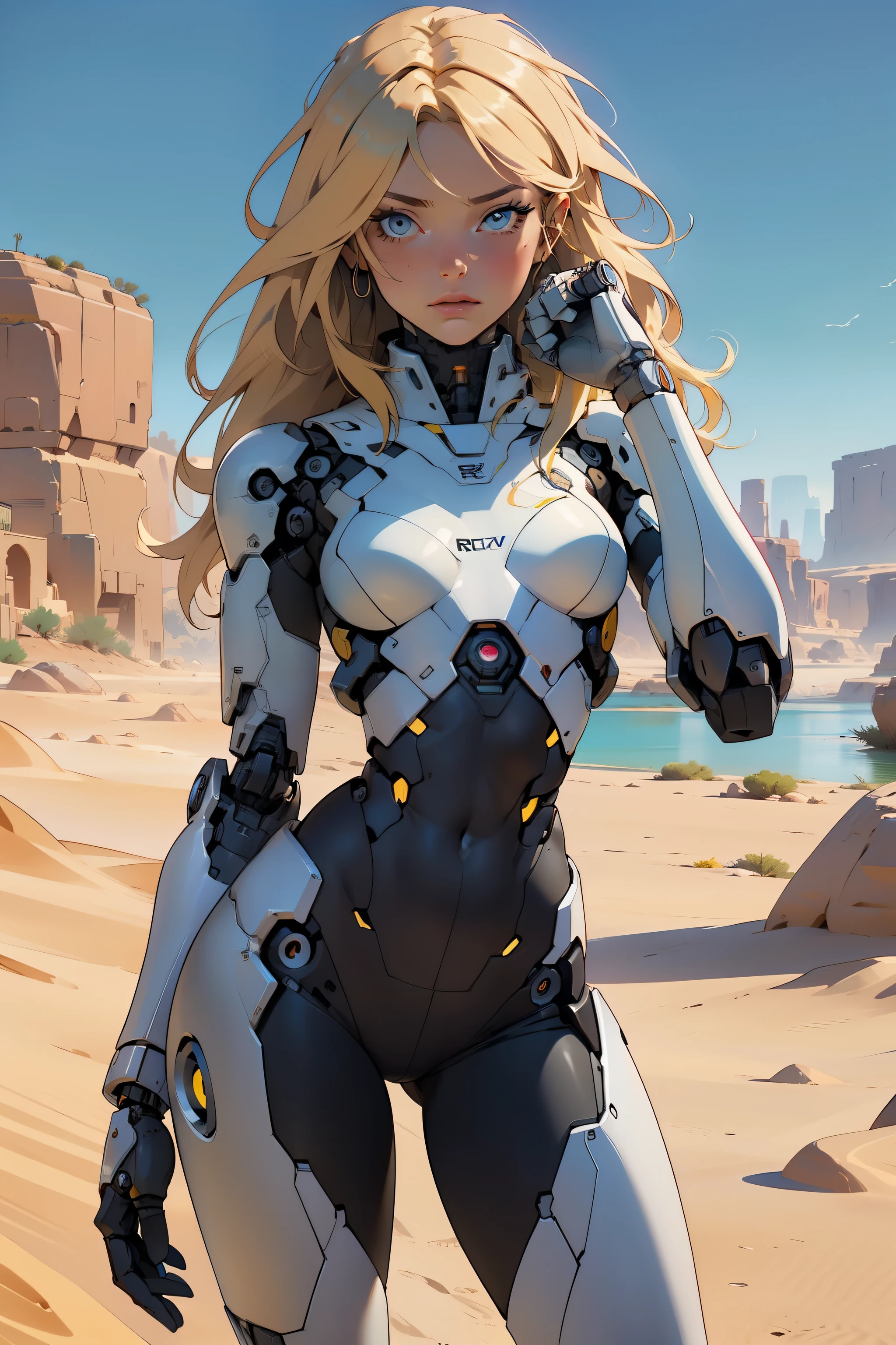 high quality, 4k, masterpiece, beautiful, cyborg girl, cowboy shot, dull eyes, looking at viewer, long blonde hair, girl, small breasts, slim thighs, robotic arms, robotic body, cyborg body, yellow accent, intricate detail, joint, detailed lines, robotic detail, holding fist up, holding hand up as fist, color robotic parts, robotic parts with color, perfect fingers, on a desert planet, sunny background, colorful desert, a river or a lake in the background
