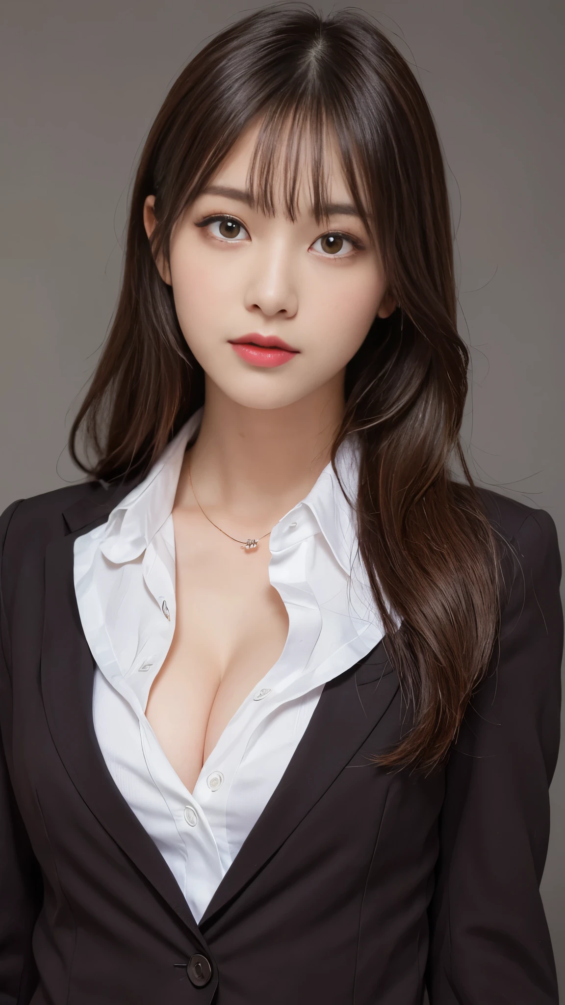 table top, highest quality, shape, Super detailed, finely, High resolution, 8k wallpaper, 完璧なダイナミックな構shape, beautiful and detailed eyes,  natural lip,blazer ,school uniform, cleavage, whole body，Brown hair short cut with side waves:1.5，