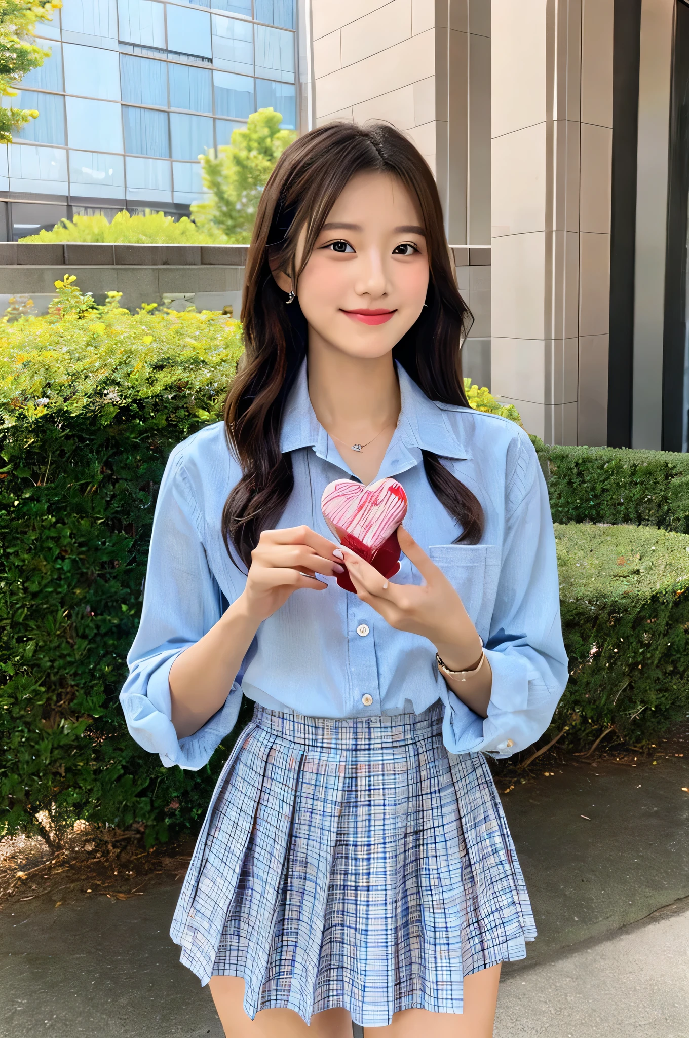 Hold Valentine's Day's day chocolate in both hands、She is wearing a light blue plaid miniskirt and a white dress shirt.、High school girl 18 years old