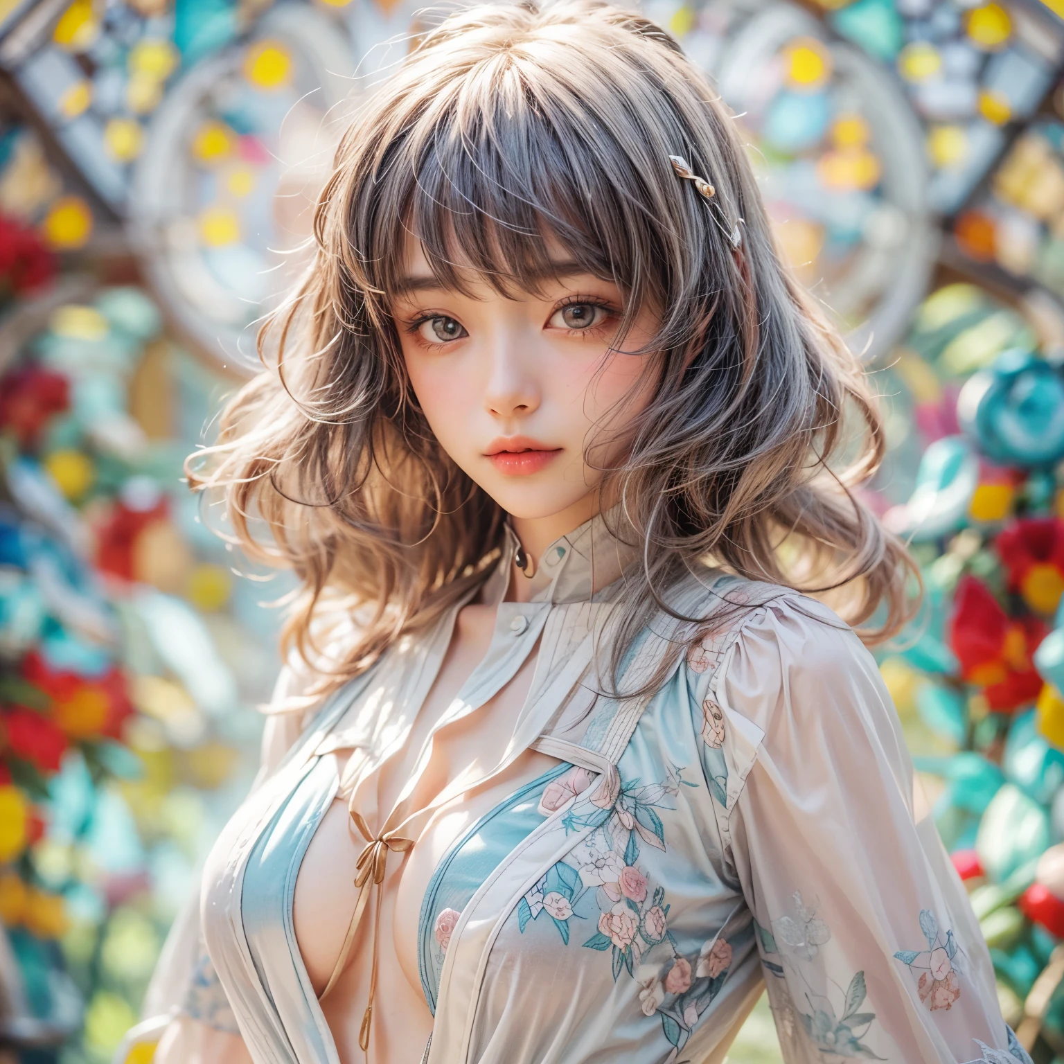 KAWAII girl in ((WHITE loose opened )), with Glossy RED lips, (Exposed:0.7), (nipple:-1), { Extremely closeup | Dynamic-angle }, ((Dazzling stained glass Background)), (( colorful Light pours down from stunning elaborate stained glass:1.2)), vivid Red colors . ((Acutance:0.8, physically-based 3D rendering with Volumetric lighting)), (masterpiece:1.2), (ultra-detailed:1.35), (realistic, photorealistic, ((photo-realistic:1.37))with touch of rawness) . ((Renbutsu Misako)), (Extremely detailed KAWAII face variations, with Dynamic expressions),  (detailed eyes with sparkling highlights), captivating gaze, long eyelashes, subtle blush on the face, rosy cheeks, impeccable ivory skin texture . { full of flowers covering girl's body | Mystic sight | God rays | haze | Light Particle | Luminous Particle | Lens Flare | A Halo in the air | Overflowing underboob | Button Undoned } . (((Unaligned fingers:-0.9))) .