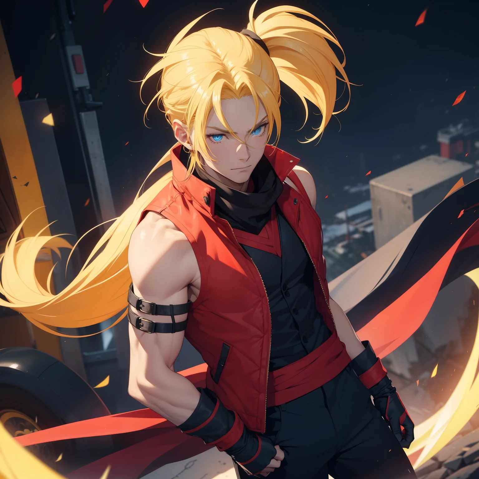 (26 years old), (male), Yellow hair, (Blue eyes), ponytail, red scarf, red vest, sleeveless, black pants, black gloves, slim, up to legs