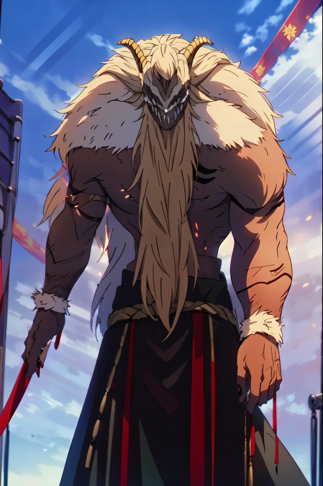 Kvar,1monster, long hair, long chain mail skirt, beard with knots, silver hair,