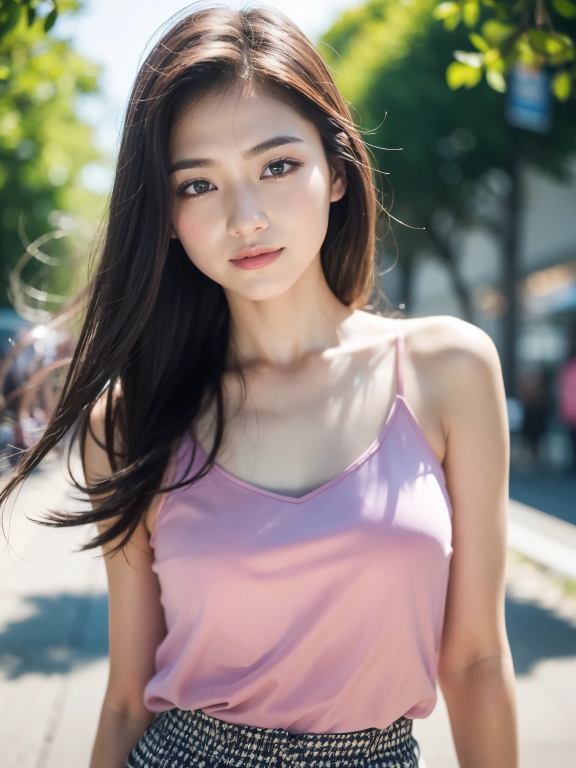 (8K,Raw photo、Raw photo、top-quality、Master masterpiece:1.2)、ultra-detailliert、Super Resolution、(Photorealsitic:1.3)、Angle to shoot from the front、Clearly draw shades of light、high resolution RAW color photos、professional photograpy、Same skin type as humans、Female proofreading of Japan from head to waist、Blur the background、Draws faithfully to anatomy、cafes、Very detailed and beautiful、Ultra-high image quality、long、Hair swaying and sexy、Very detailed beautiful girl、(Pink Eye Shadow)、smil、Plain clothe、The upper part of the body、Park on a sunny day