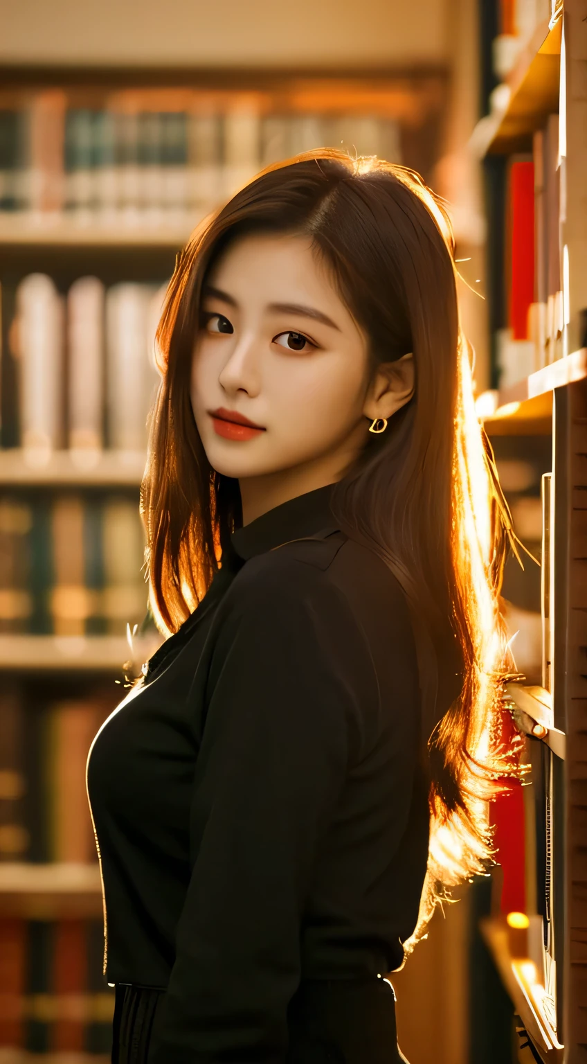 Wear a black shirt, soft Sunset lighting, 柔和的golden hour lights, with sunset, Beautiful young Korean woman, Sunset lighting, beautiful soft lighting, hot,sunny, beautiful korean woman, soft sunshine, in the golden hour, Under the soft and dreamy light of the sunset, golden hour lights, golden hour Sunset lighting,in library