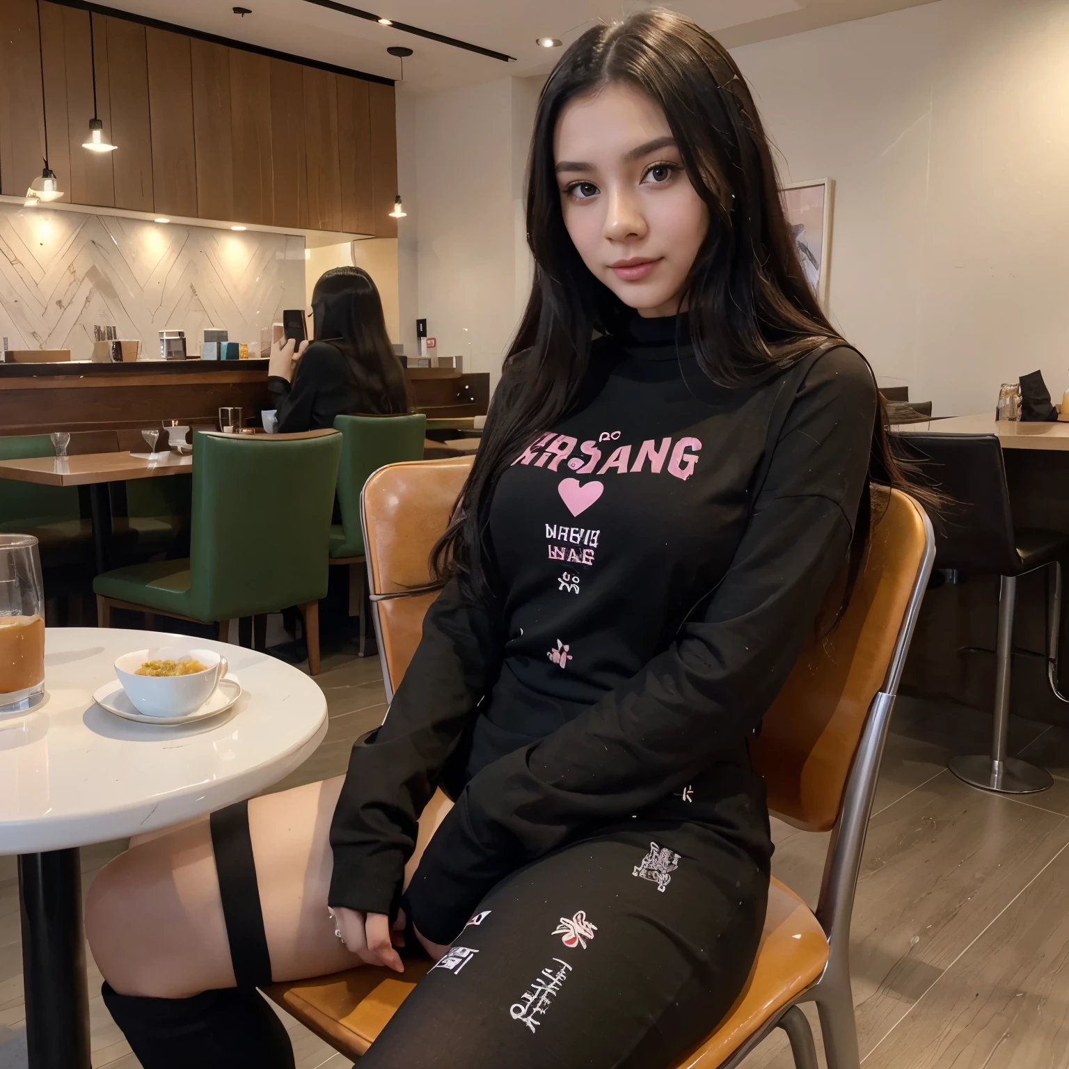 lovely cute young attractive teenage girl, village girl, 21 years old, cute, an Instagram model, long black_hair, colorful hair, winter, dacing, wear printed bodysuit and high heels, sitting at chair restaurant, clean, medium ,