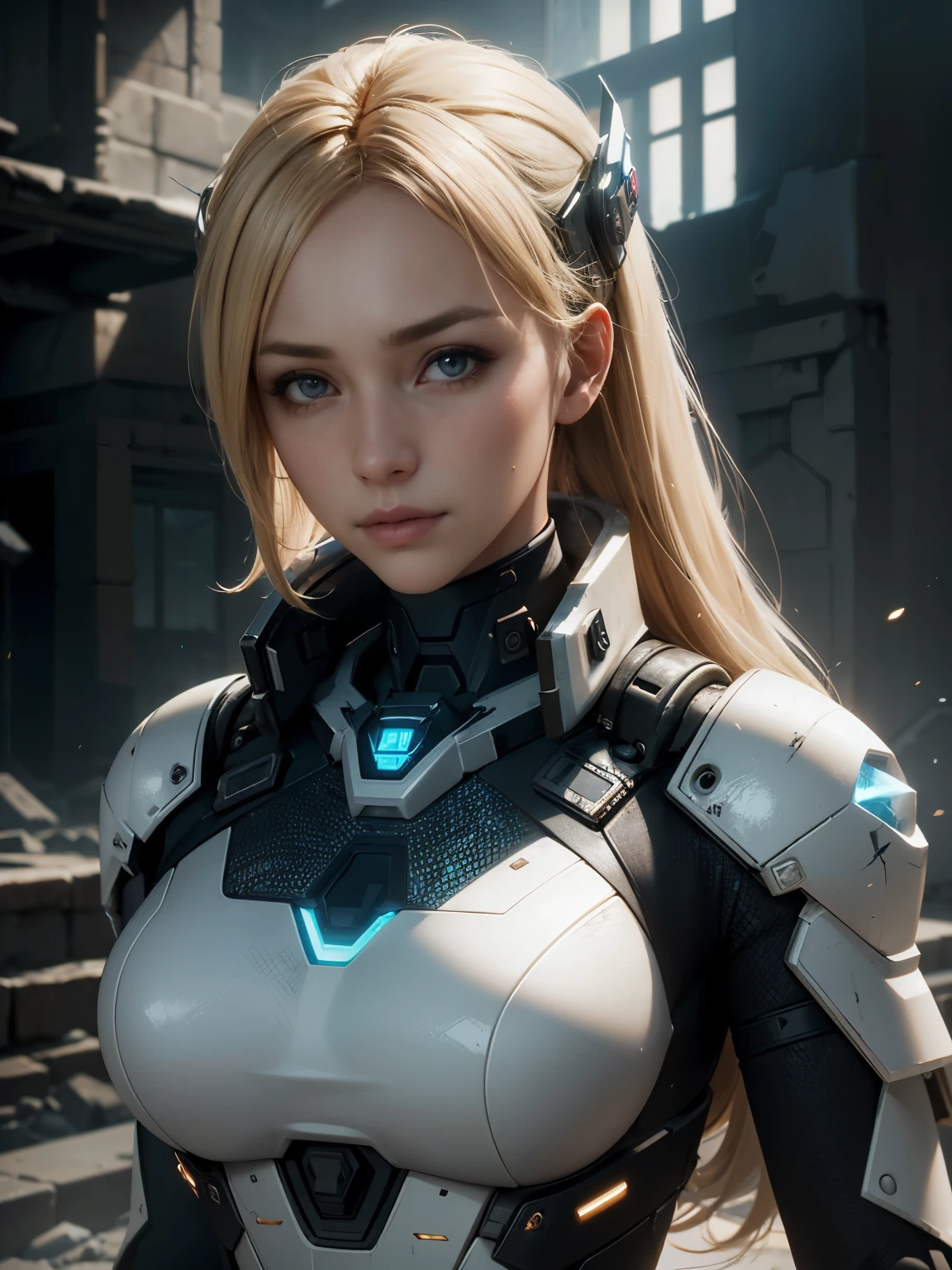 ((Best Quality)), ((Masterpiece)), (Very Detailed:1.3), 3D, Shitu-mecha, Beautiful blonde hair cyberpunk woman with her white and blue mech in the ruins of a city in the forgotten war, Ancient technology, HDR (High Dynamic Range), ray tracing, NVIDIA RTX, Super Resolution, Unreal 5, Subsurface scattering, PBR texture, Post-processing, Anisotropic filtering, Depth of field, Maximum sharpness and sharpness, Multi-layer texture, Albedo and highlight maps, Surface shading, Accurate simulation of light-material interactions, perfect proportions, octane rendering, duotone lighting, low ISO, white balance, rule of thirds, wide aperture, 8K RAW, efficient sub-pixels, subpixel convolution, luminescent particles, light scattering, Tyndall effect