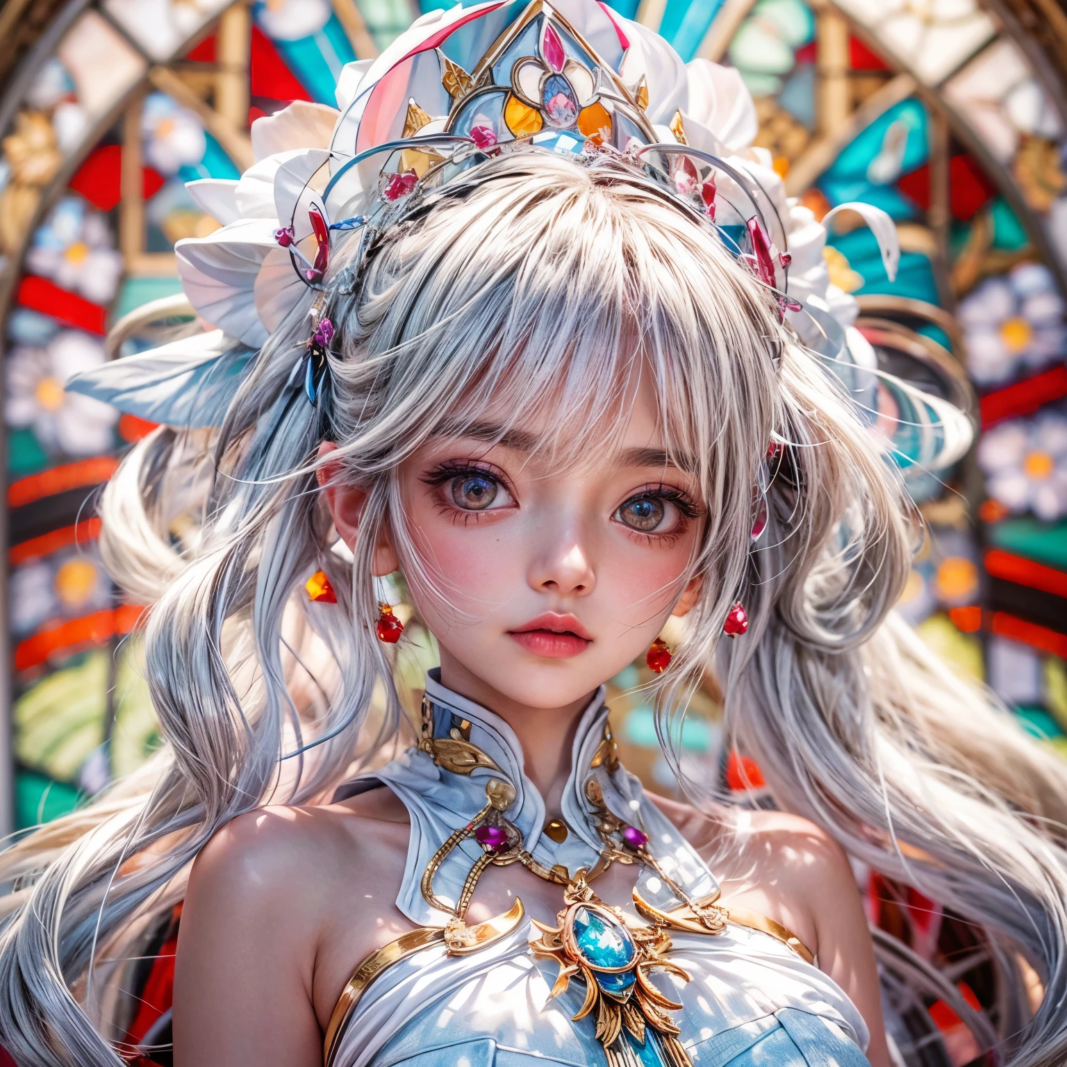 KAWAII girl in ((WHITE loose opened Uniform)), with Glossy RED lips, (Exposed:0.7), (nipple:-1), { Extremely closeup | Dynamic-angle }, ((Dazzling stained glass Background)), (( colorful Light pours down from stunning elaborate stained glass:1.2)), vivid Red colors . ((Acutance:0.8, physically-based 3D rendering with Volumetric lighting)), (masterpiece:1.2) of professional Analog photo with Hasselblad open aperture, (8K, ultra-detailed:1.35), (realistic, photorealistic, ((photo-realistic:1.37))with touch of rawness) . ((Renbutsu Misako)), (Extremely detailed KAWAII face variations, with Dynamic expressions), (detailed eyes with sparkling highlights), captivating gaze, long eyelashes, subtle blush on the face, rosy cheeks, impeccable ivory skin texture . { full of flowers covering girl's body | Mystic sight | God rays | haze | Light Particle | Luminous Particle | Lens Flare | A Halo in the air | Overflowing underboob | Button Undoned } . (((Large eyes:-1))) .