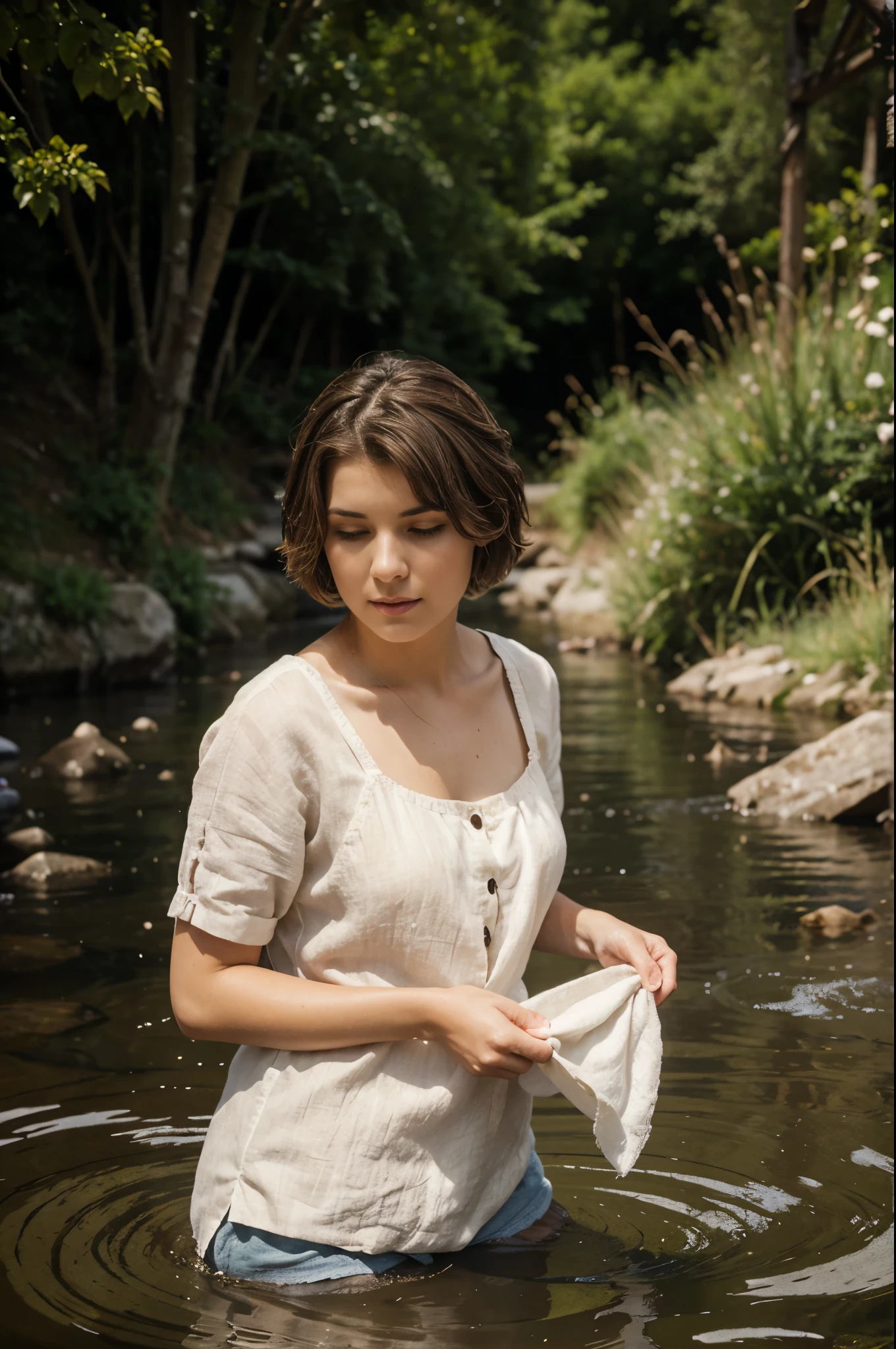 Woman with short brown hair washes vintage linen in the river, looks into the frame