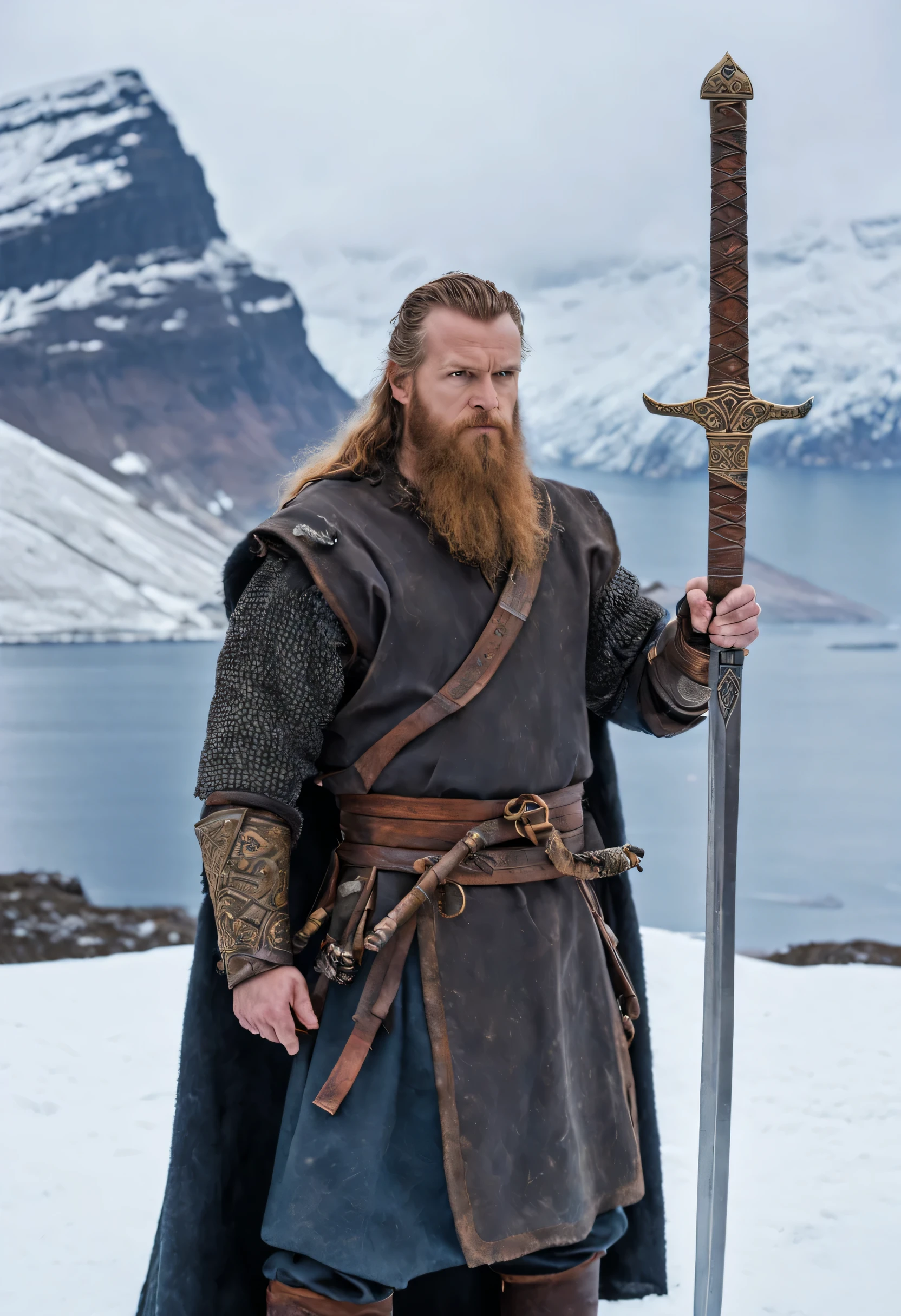 "masterpiece, best quality, 4K, high detail, Super detailed, Egil concentrated on holding his unpolished wooden practice sword, Next to him stood his father, bald grimace, Homem-Imponente,Determined gaze, set against the desolate Icelandic backdrop of Snow-covered mountains and meandering fjord, 背景是一座笼罩在薄Viking longhouse in the fog, ((Egil and wooden practice sword)), imposing bald grimace, ((Snow-covered mountains)), meandering fjord, Viking longhouse in the fog"
