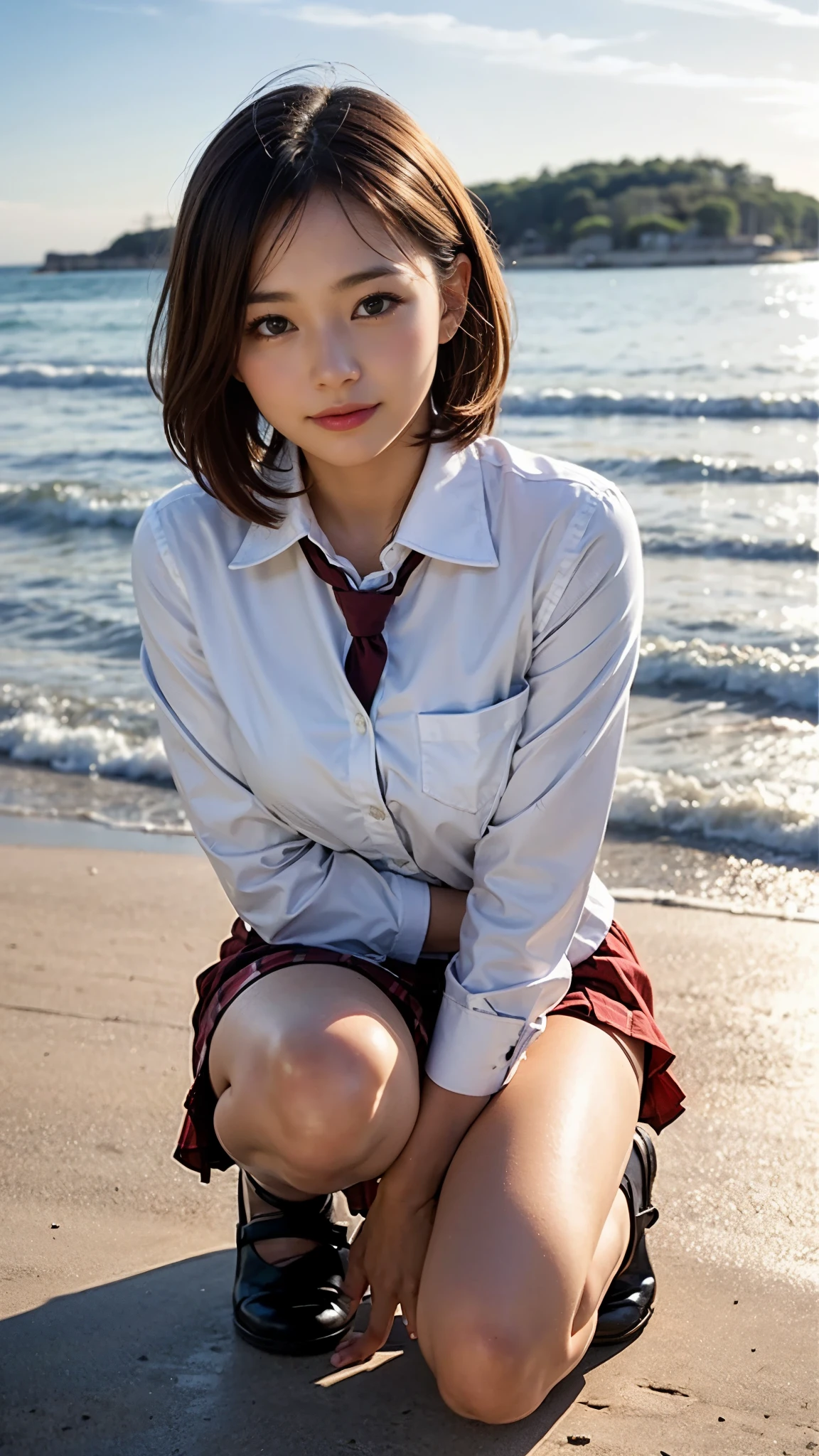 software:1.5、close , ((from diagonally below)), highest quality, table top, 16k, realistic, concept art, Beautiful girl crouching on the beach , beautiful face, smile gently、Beautiful short bob hair in light brown, beautiful light brown eyes, plump breasts, look at the audience, blush, high school uniform, blazer, pleated skirt, socks,low person,No panties, sunset seashore, orange sky, beautiful clouds,natural light