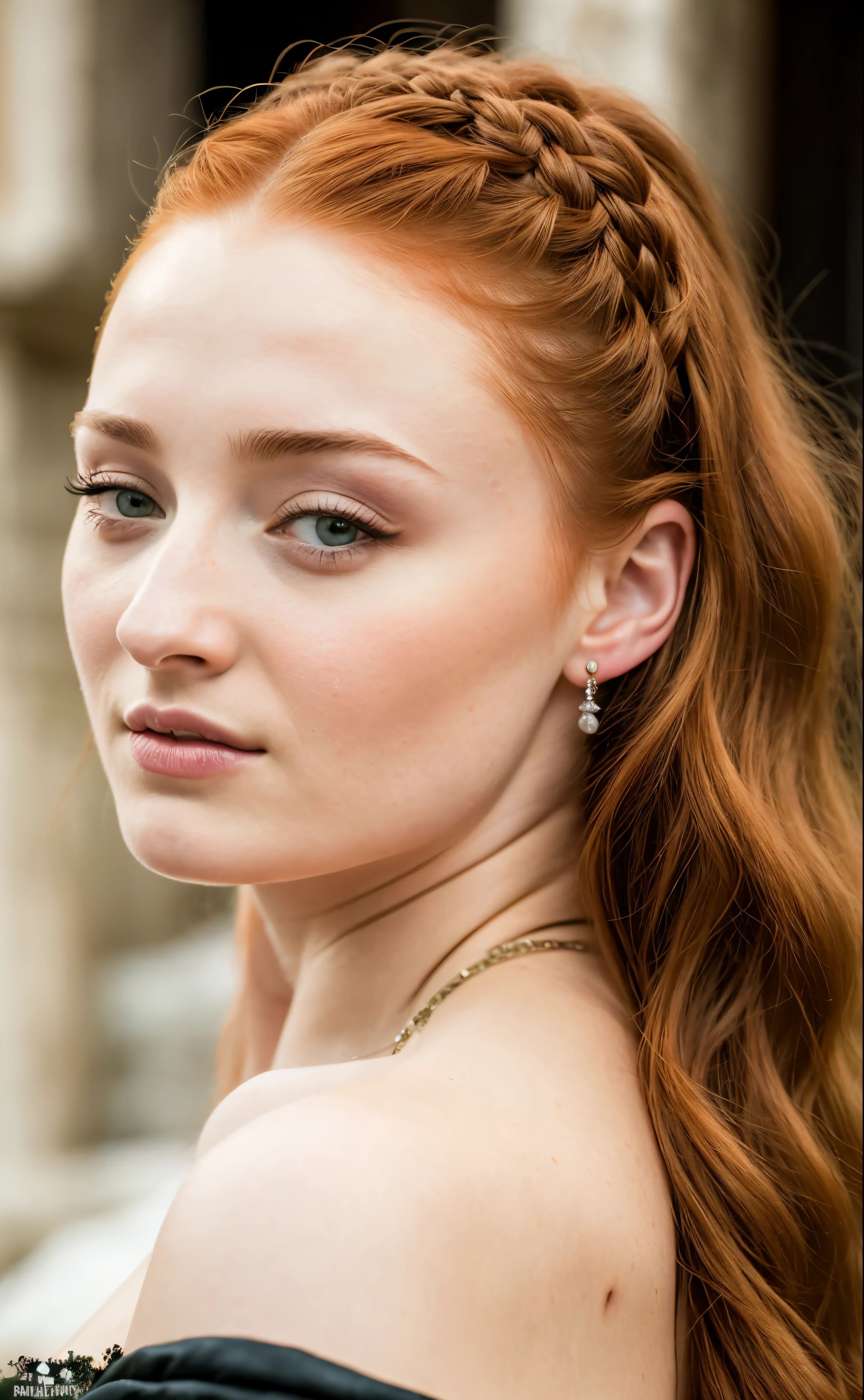 Foto RAW, Sansa Stark PLAYED BY SOPHIE TURNER Ned and Cat's oldest daughter. Demure and ladylike, her dream to marry Prince Joffrey. Her direwolf named Lady , Game of Thrones Series, (pele altamente detalhada: 1.2), 8k UHD, DSLR, soft-lighting, alta qualidade, grain of film, Fujifilm XT3