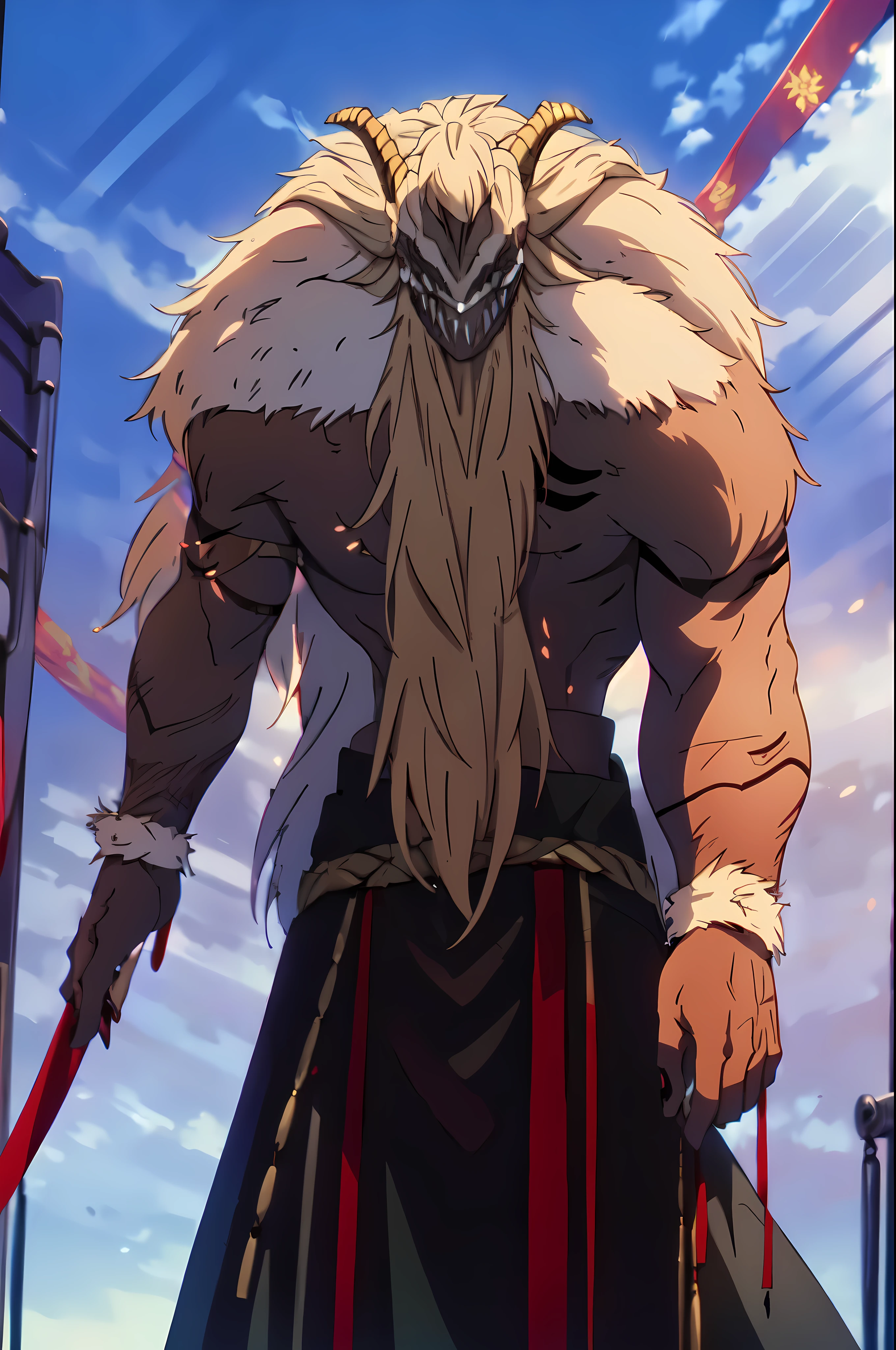 Kvar,1monster, long hair, long chain mail skirt, beard with knots, silver hair,