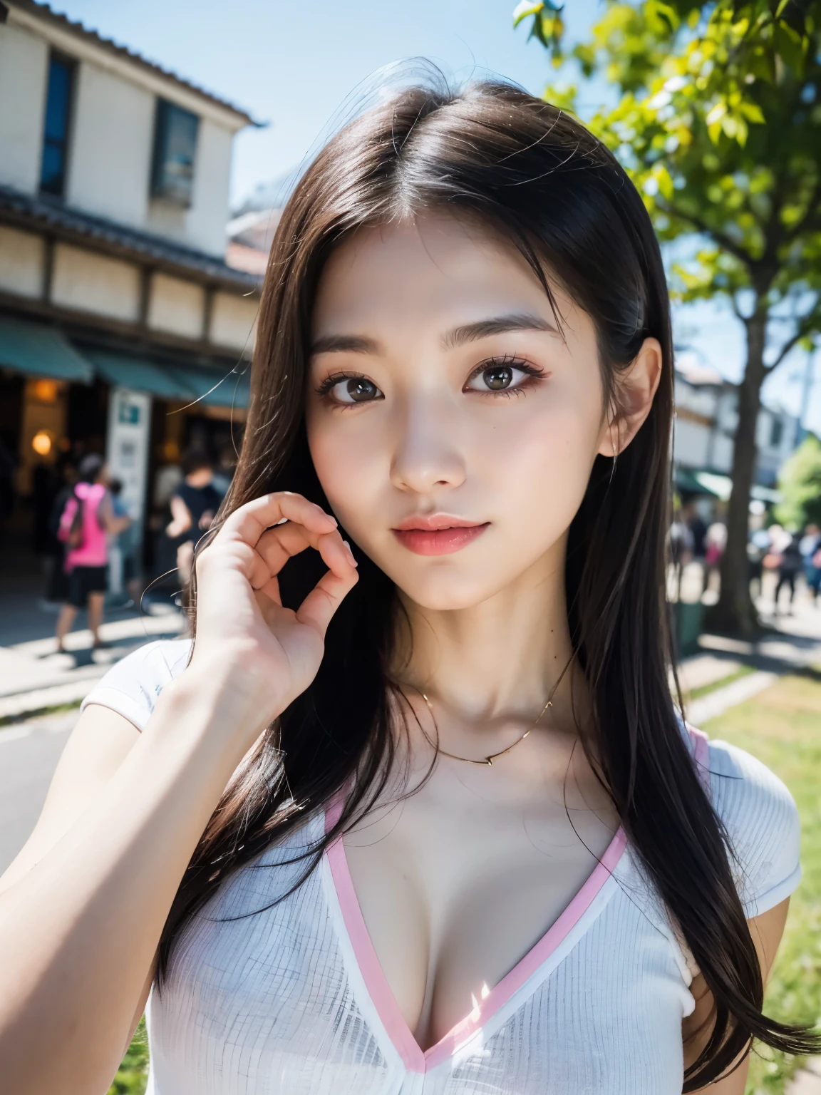 (8K,Raw photo、Raw photo、top-quality、Master masterpiece:1.2)、ultra-detailliert、Super Resolution、(Photorealsitic:1.3)、Angle to shoot from the front、Clearly draw shades of light、high resolution RAW color photos、professional photograpy、Same skin type as humans、Female proofreading of Japan from head to waist、Blur the background、Draws faithfully to anatomy、cafes、Very detailed and beautiful、Ultra-high image quality、long、Hair swaying and sexy、Very detailed beautiful girl、（Pink Eye Shadow）、smil、Plain clothe、The upper part of the body、Park on a sunny day