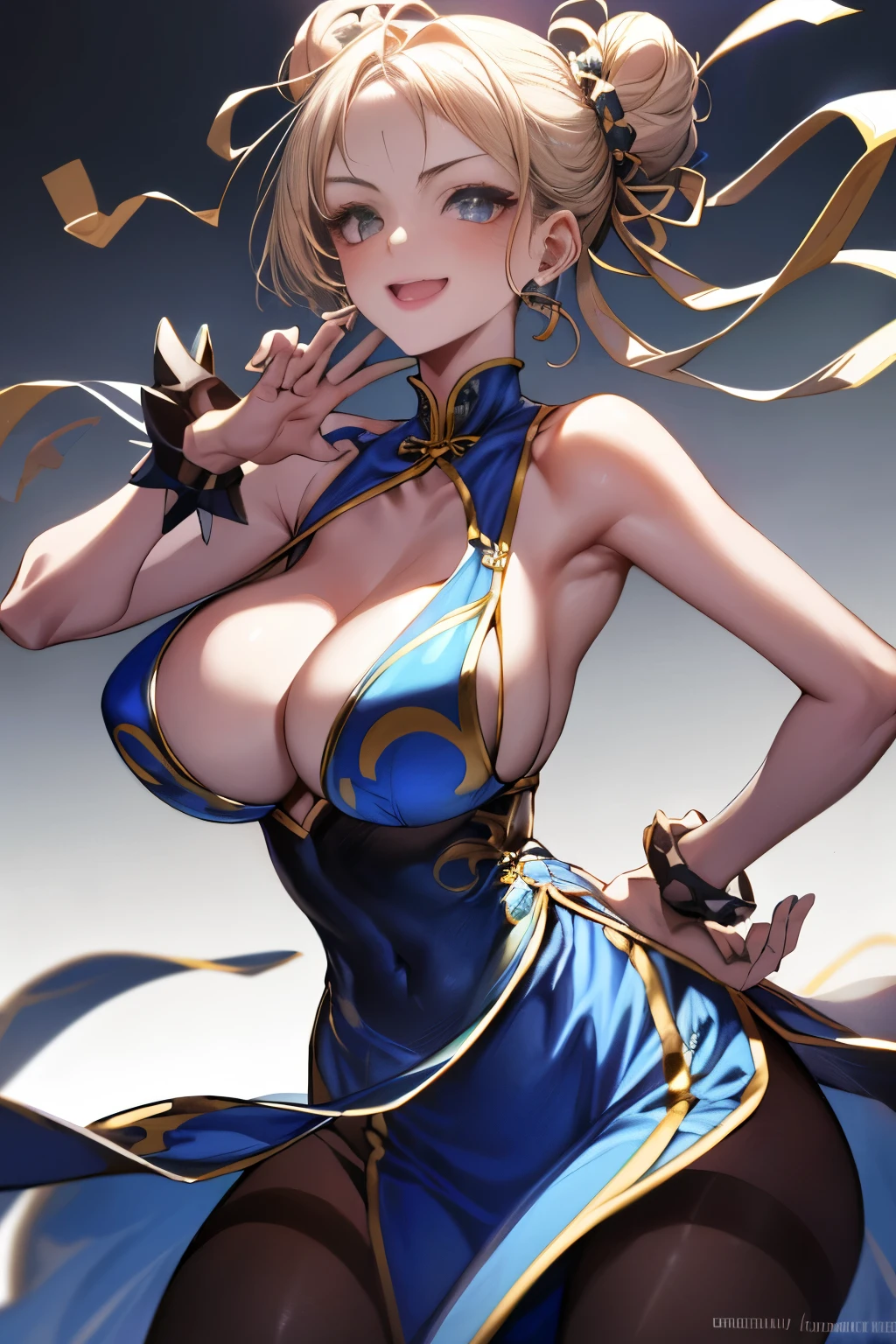 highest quality, Ultra - High resolution、1 girl、simple background、laughter、glamorous、8K、perfection, shiny skin, take a pose, beautiful model, armpit, Fine art, erotic, cg  digital art , Street Fighter, (chin li:1.3), cute face, blue china dress, young woman