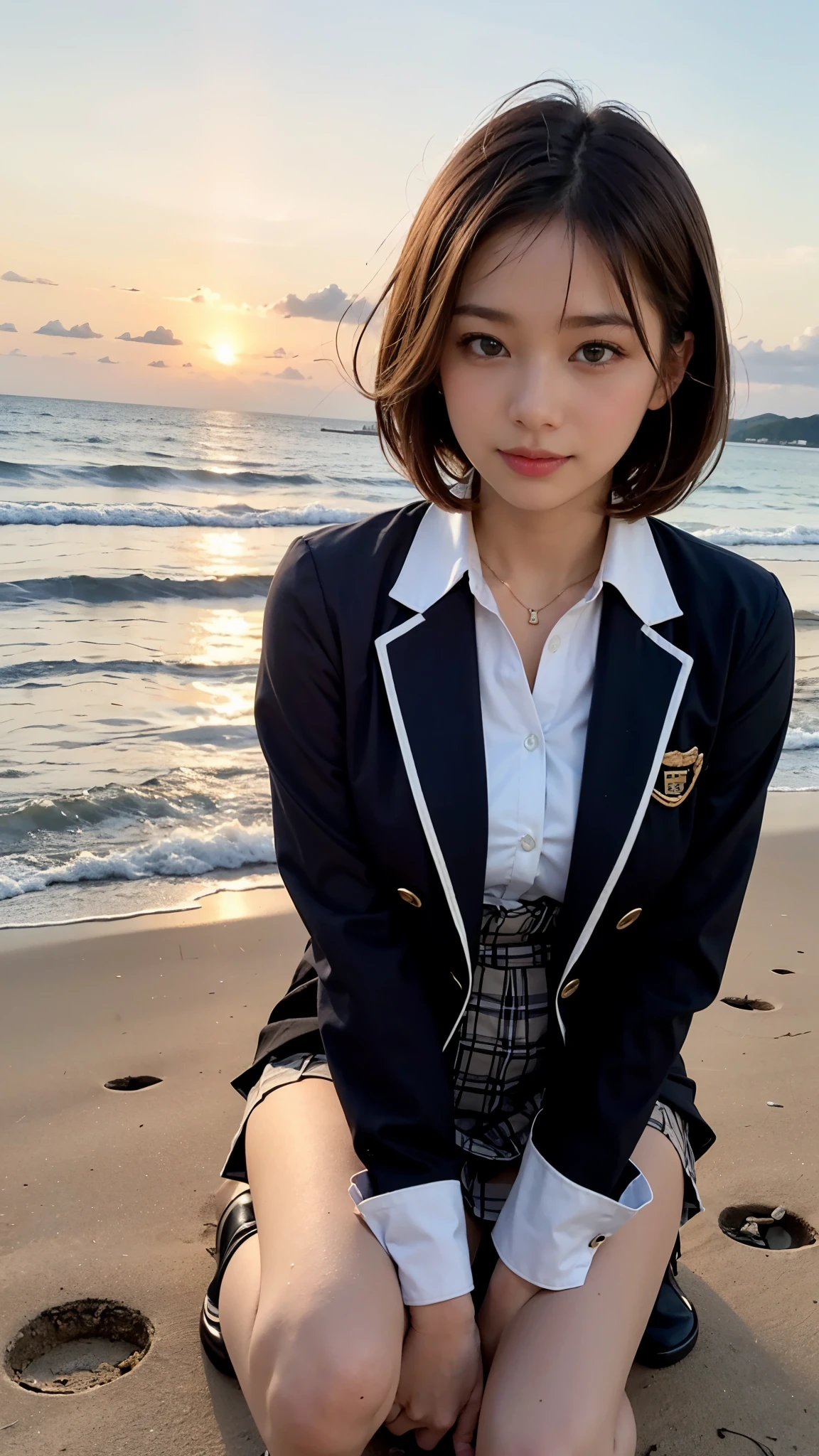 software:1.5、close , ((from diagonally below)), highest quality, table top, 16k, realistic, concept art, Beautiful girl crouching on the beach , beautiful face, smile gently、Beautiful short bob hair in light brown, beautiful light brown eyes, plump breasts, look at the audience, blush, high school uniform, blazer, pleated skirt, socks,low person,No panties, sunset seashore, orange sky, beautiful clouds,natural light