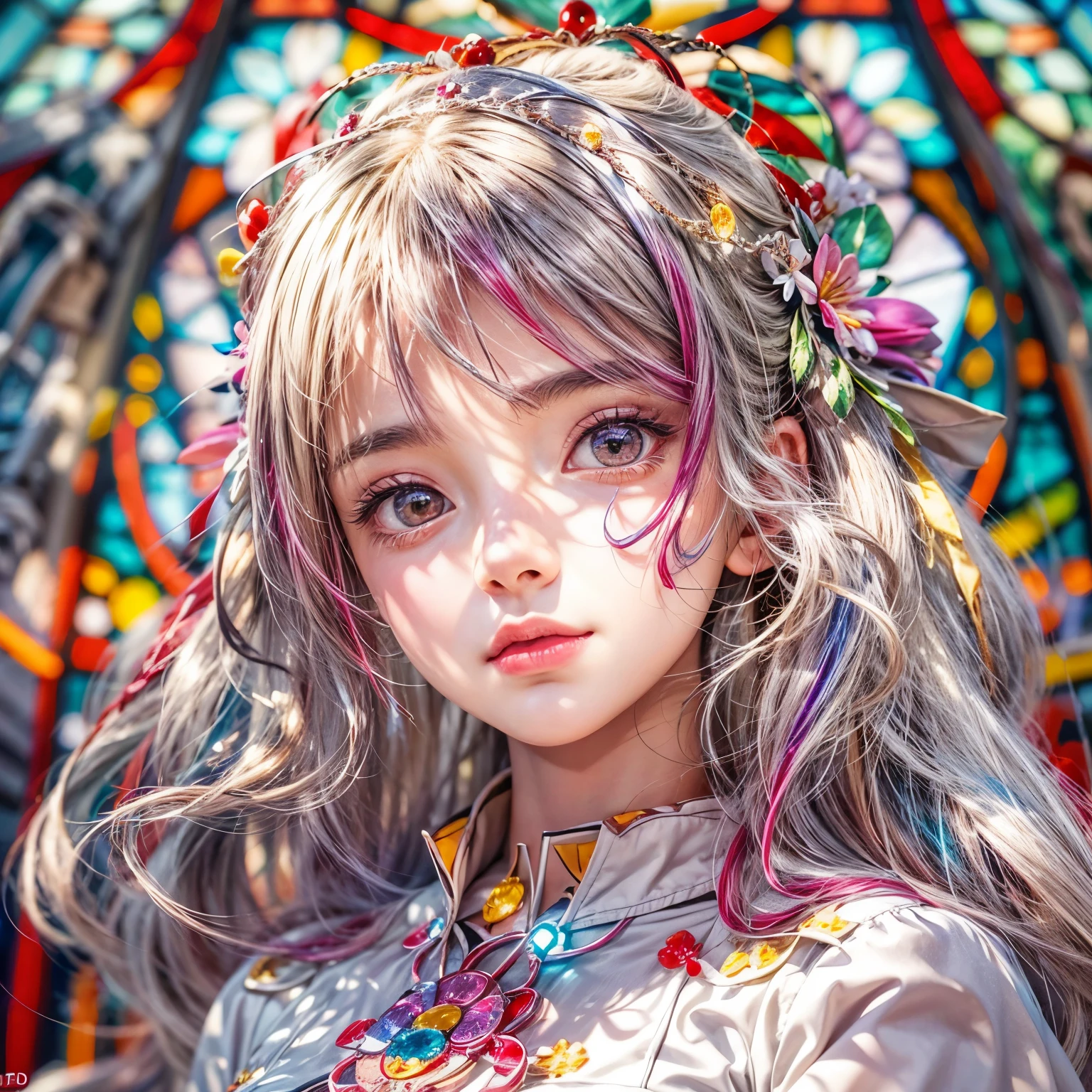 KAWAII girl in ((WHITE loose opened Uniform)), with Glossy RED lips, (Exposed:0.7), (nipple:-1), { Extremely closeup | Dynamic-angle }, ((Dazzling stained glass Background)), (( colorful Light pours down from stunning elaborate stained glass:1.2)), vivid Red colors . ((Acutance:0.8, physically-based 3D rendering with Volumetric lighting)), (masterpiece:1.2), (ultra-detailed:1.35), (realistic, photorealistic, ((photo-realistic:1.37))with touch of rawness) . ((Renbutsu Misako)), (Extremely detailed KAWAII face variations, with Dynamic expressions), (detailed eyes with sparkling highlights), captivating gaze, long eyelashes, subtle blush on the face, rosy cheeks, impeccable ivory skin texture . { full of flowers covering girl's body | Mystic sight | God rays | haze | Light Particle | Luminous Particle | Lens Flare | A Halo in the air | Overflowing underboob | Button Undoned } . (((Large eyes:-0.9))) .