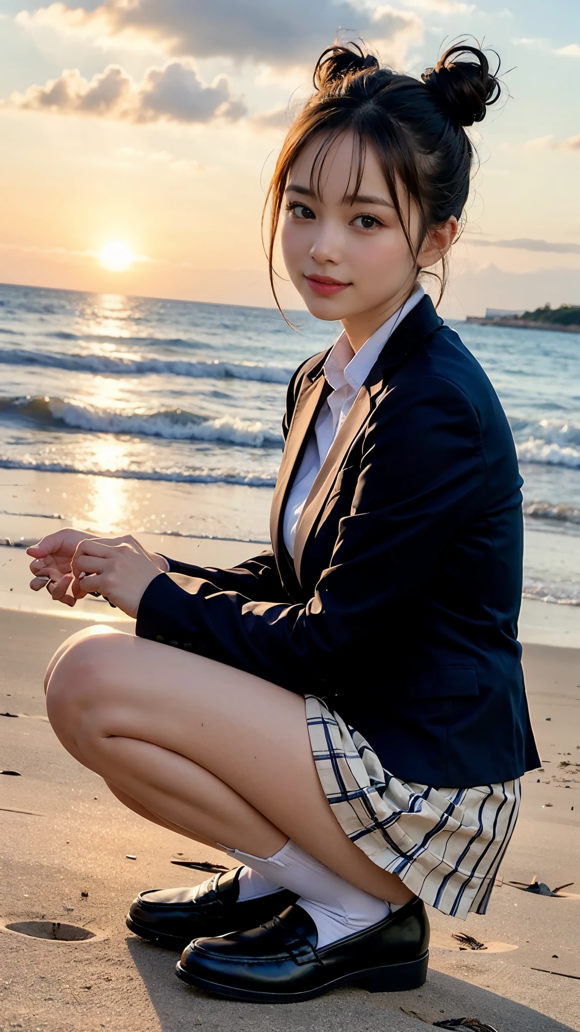 software:1.5、close , ((from an angle)), highest quality, table top, 16k, realistic, concept art, Beautiful girl crouching on the beach , beautiful face, smile gently、beautiful light brown bun hair, beautiful light brown eyes, plump breasts, look at the audience, blush, high school uniform, blazer, pleated skirt, Navy blue socks、loafers,low person,No panties, sunset seashore, orange sky, beautiful clouds,natural light