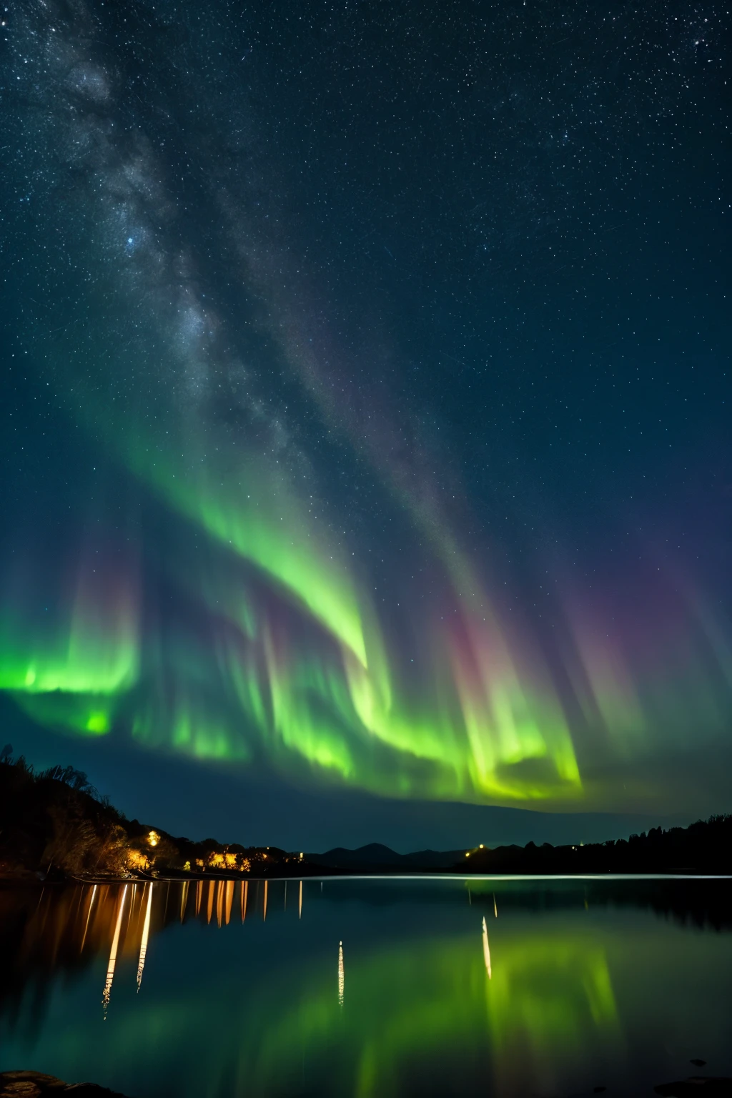 fantastic scenery、mysterious、lake、full moon、starry skies、aurora