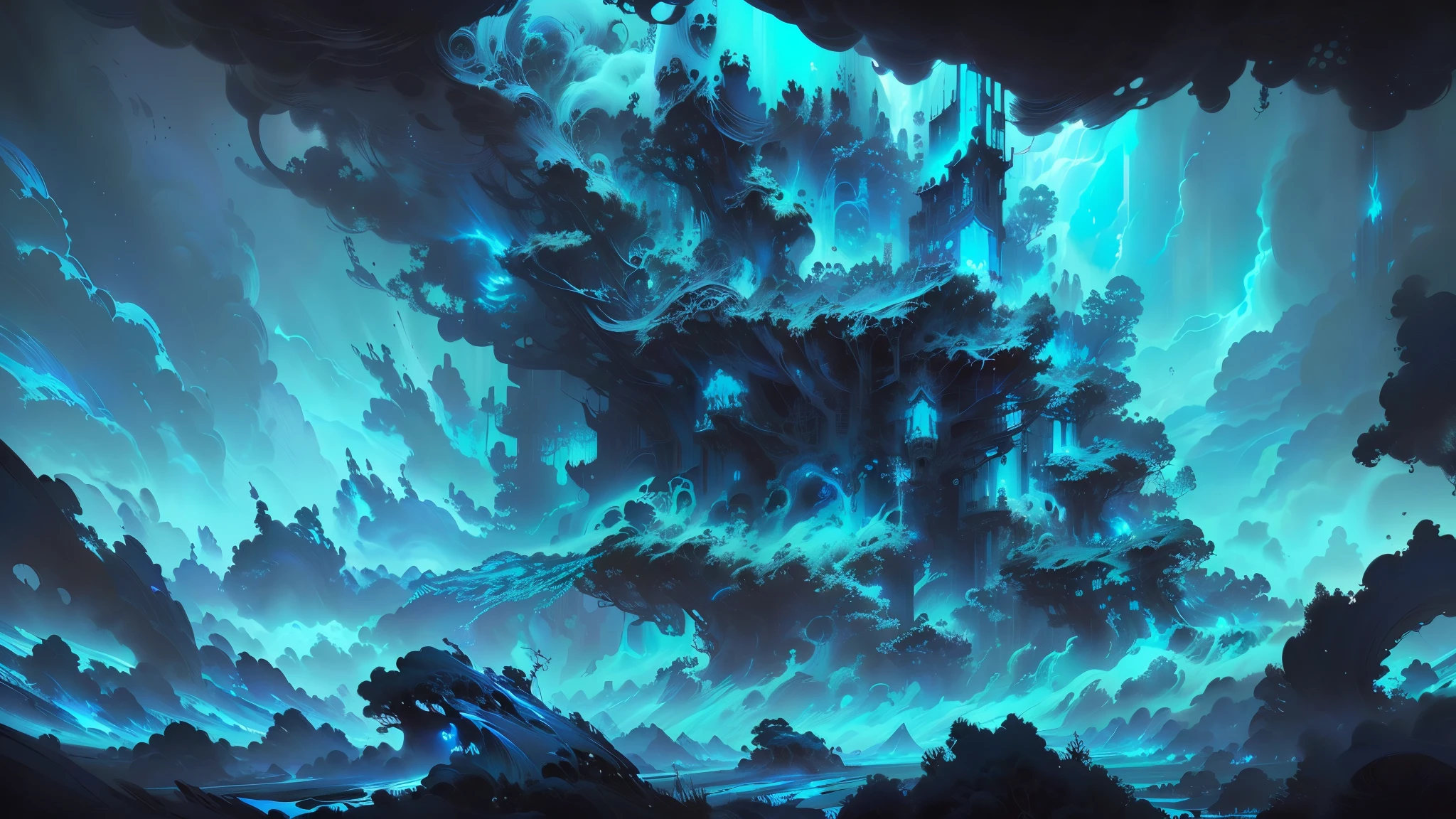 there is a very large blue and black cloud in the sky, fractal thunder dan mumford, 4k highly detailed digital art, 4k detailed digital art, digital art 4k unsettling, 8k hd wallpaper digital art, cyan atmosphere, by Noah Bradley, epic fantasy sci fi illustration, 4 k hd wallpaper very detailed, fractal sky, epic fantasy digital art style