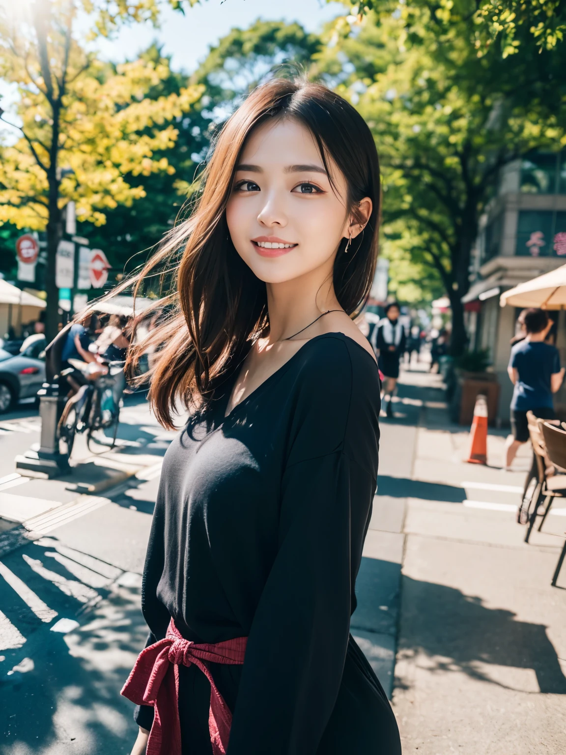 (8K,Raw photo、Raw photo、top-quality、Master masterpiece:1.2)、ultra-detailliert、Super Resolution、(Photorealsitic:1.3)、Angle to shoot from the front、Clearly draw shades of light、high resolution RAW color photos、professional photograpy、Same skin type as humans、Female proofreading of Japan from head to waist、Blur the background、Draws faithfully to anatomy、cafes、Very detailed and beautiful、Ultra-high image quality、long、Hair swaying and sexy、Very detailed beautiful girl、(Pink Eye Shadow)、smil、Plain clothe、The upper part of the body、Park on a sunny day