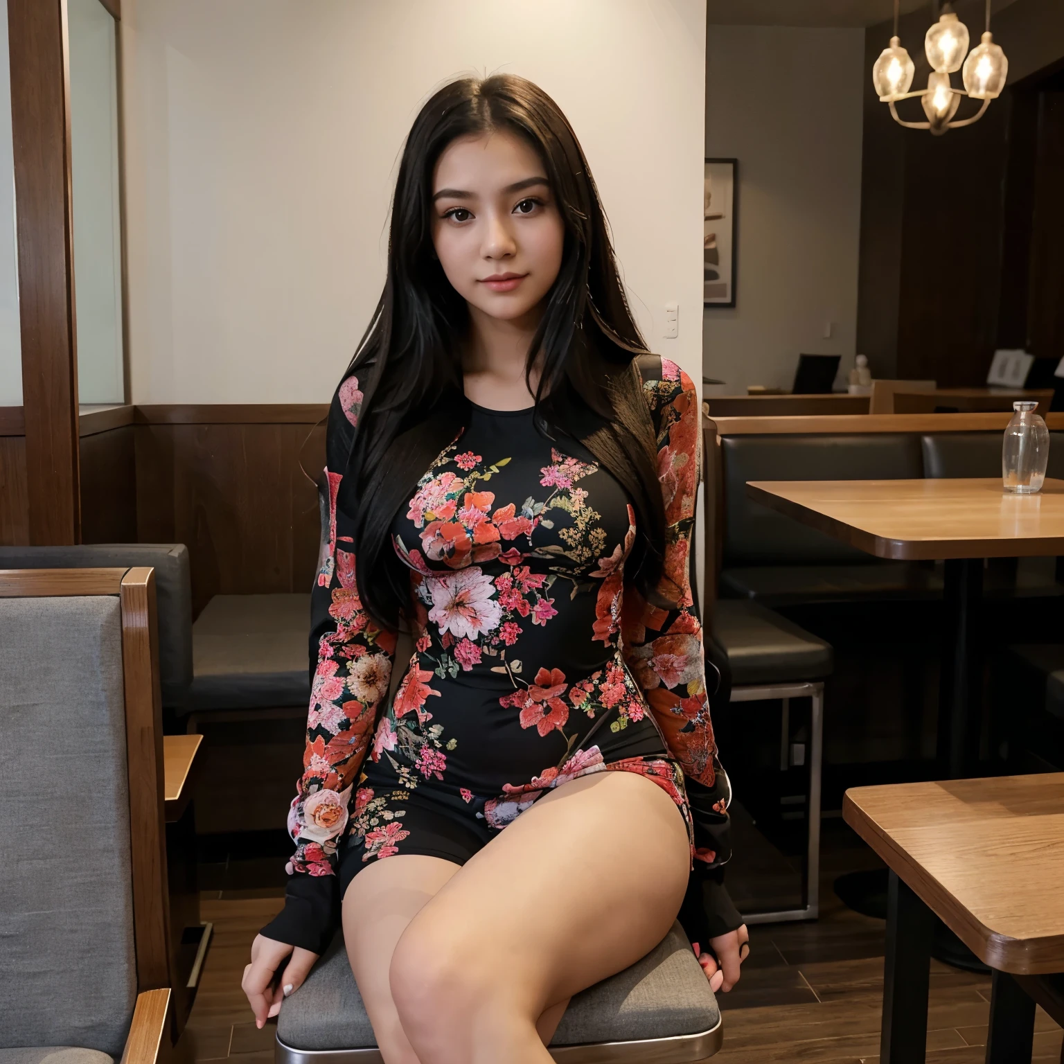 lovely cute young attractive teenage girl, village girl, 21 years old, cute, an Instagram model, long black_hair, colorful hair, winter, dacing, wear printed bodysuit and high heels, sitting at chair restaurant, clean, medium ,