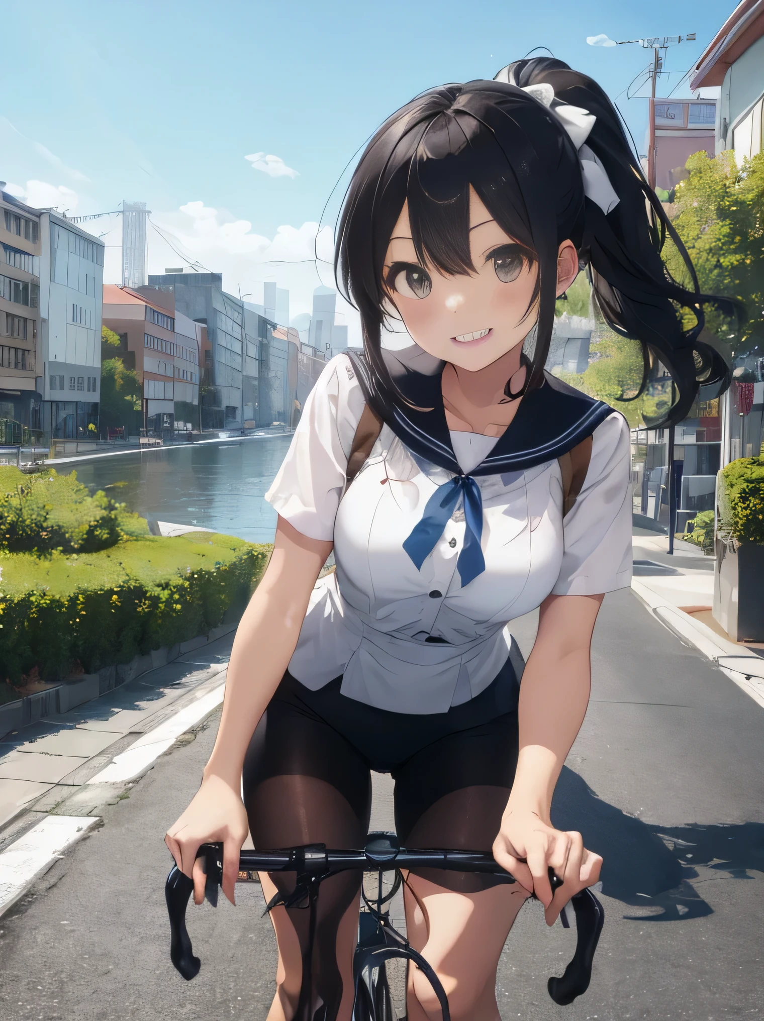 (8K、RAW photo、highest quality)、detailed background、beautiful and detailed face、beautiful and smooth skin、skin texture、professional lighting、Cute beautiful Iful Girl、Cute character wearing a sailor suit.、
The costume is an elegant dress with a sailor collar and ribbon..、Sexy Pantyhose、Cute Ponytail、
Ride around town on a road bike、You can achieve speed even in the city.、You can also enjoy the view of the city..。skyscrapers and beautiful architecture、Park and riverside scenery、Enjoy the charm of the city while driving.。smile
