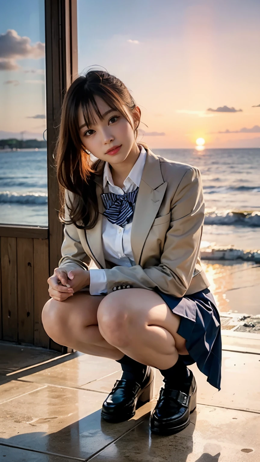 software:1.5、close , ((from diagonally below)), highest quality, table top, 16k, realistic, concept art, Beautiful girl crouching on the beach , beautiful face, smile gently、beautiful light brown ponytail, beautiful light brown eyes, plump breasts, look at the audience, blush, high school uniform, blazer, pleated skirt, Navy blue socks、loafers,low person,No panties, sunset seashore, orange sky, beautiful clouds,natural light