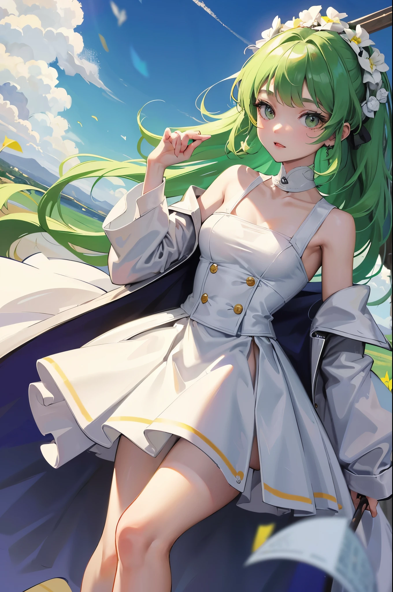 1girl, white_dress,white_coat,off_shoulder,yellow_gloves,bare_shoulders,collarbone,open_coat,strapless_dress,long_sleeves,green_hair,
Golden wheat field, sky, sunlight filtering through clouds,
(wide shot:1.2), (Nikon AF-S NIKKOR 35mm f/1.4G),
ultra-detailed, best quality, (masterpiece)