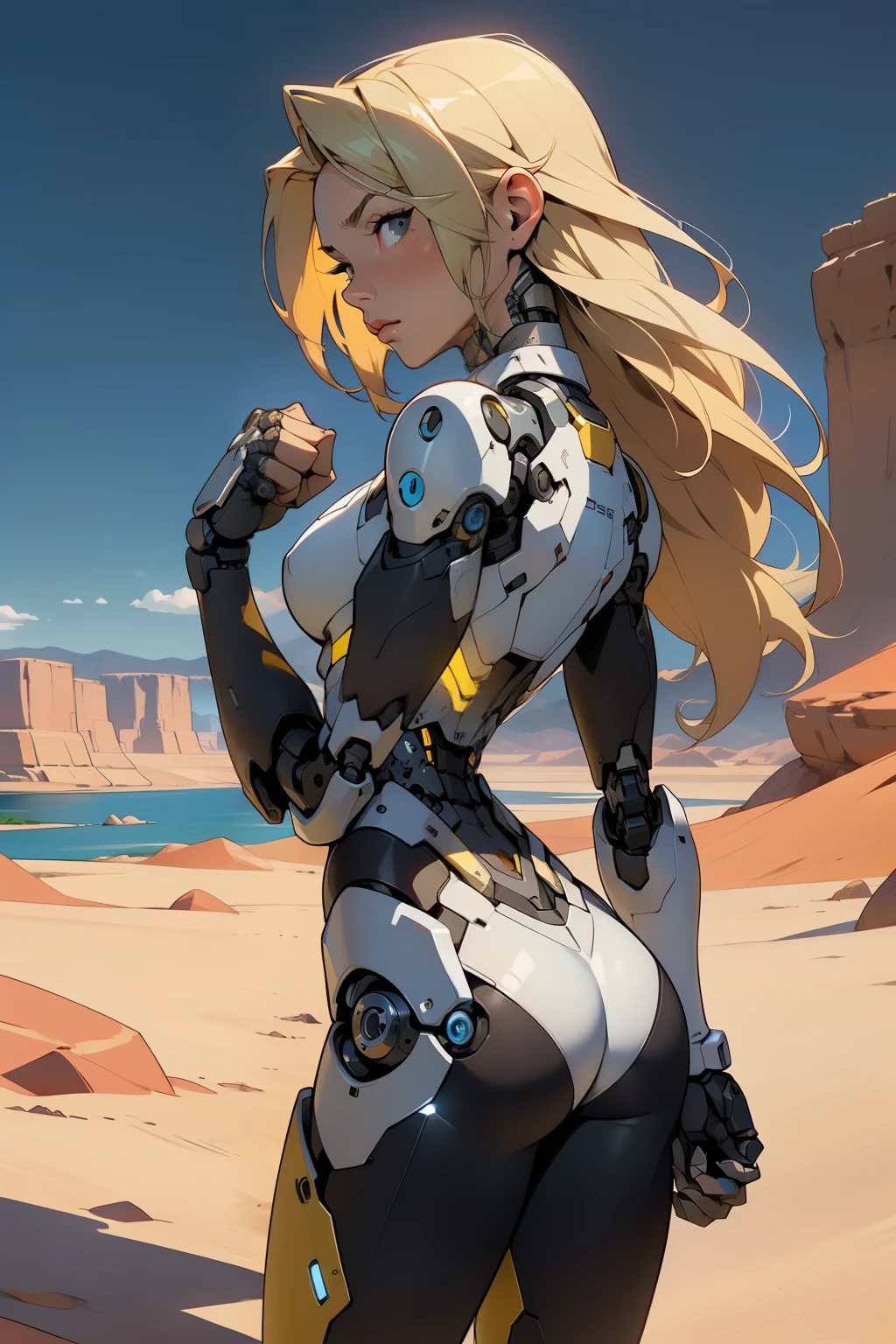 high quality, 4k, masterpiece, beautiful, cyborg girl, cowboy shot, dull eyes, back side, turning around to look at viewer, long blonde hair, girl, small breasts, fit thigh, robotic arms, robotic body, cyborg body, yellow accent, red accent, intricate detail, joint, detailed lines, robotic detail, holding fist up, holding hand up as fist, color robotic parts, robotic parts with color, perfect fingers, on a desert planet, sunny background, colorful desert, a river or a lake in the background