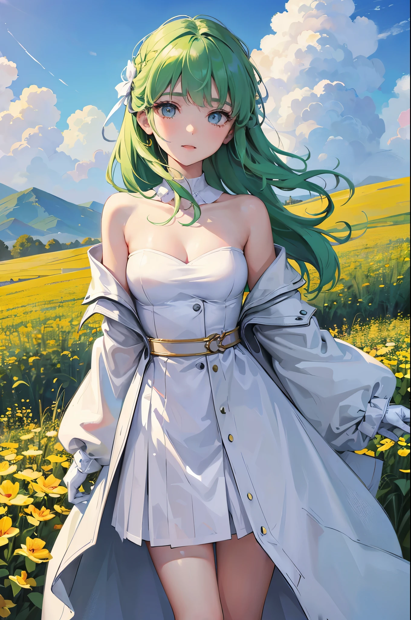 1girl, white_dress,white_coat,off_shoulder,yellow_gloves,bare_shoulders,collarbone,open_coat,strapless_dress,long_sleeves,green_hair,
Golden wheat field, sky, sunlight filtering through clouds,
(wide shot:1.2), (Nikon AF-S NIKKOR 35mm f/1.4G),
ultra-detailed, best quality, (masterpiece)