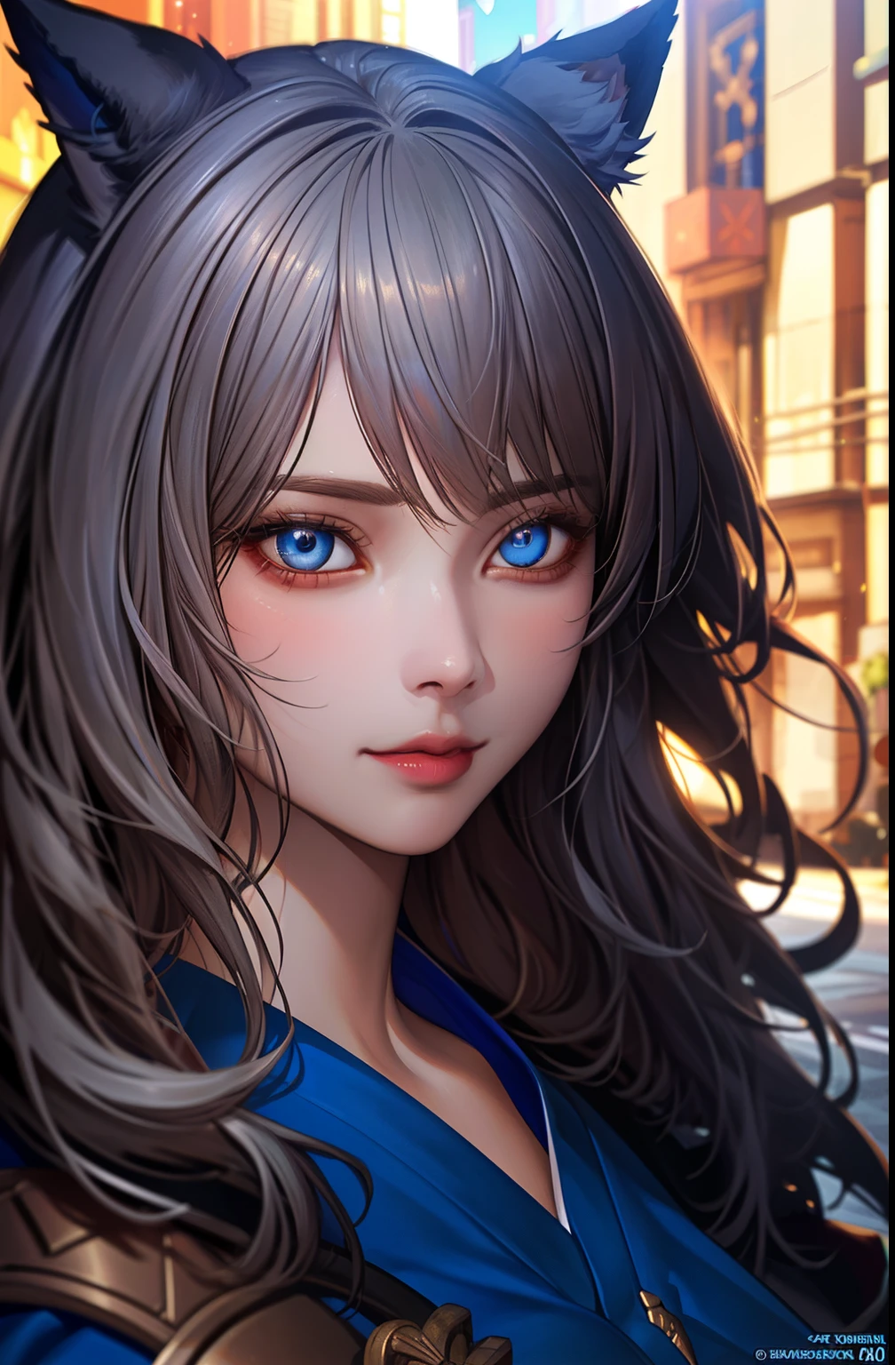 masterpiece, High resolution, high quality, detailed face, 最high quality,1 girl, (miqote:1.1), Cat ear, (white skin:1.1), cat girl, (gray hair), blue eyes, (looking at the viewer:1.2), Lips ajar, (outdoor:1.1), personification,suomi 80mm Sigma f/2.0,vibrant light, crop top, stylized portrait, dark fantasy, Written by Greg Rutkowski, trending on Artstation Detailed, award-winning illustration, HD, 4K, digital art, very detailed, cinematic lighting, Bright colors, In the style of Noah Bradley, beksinski, bangs, short hair, Close-up, ((face focus)),