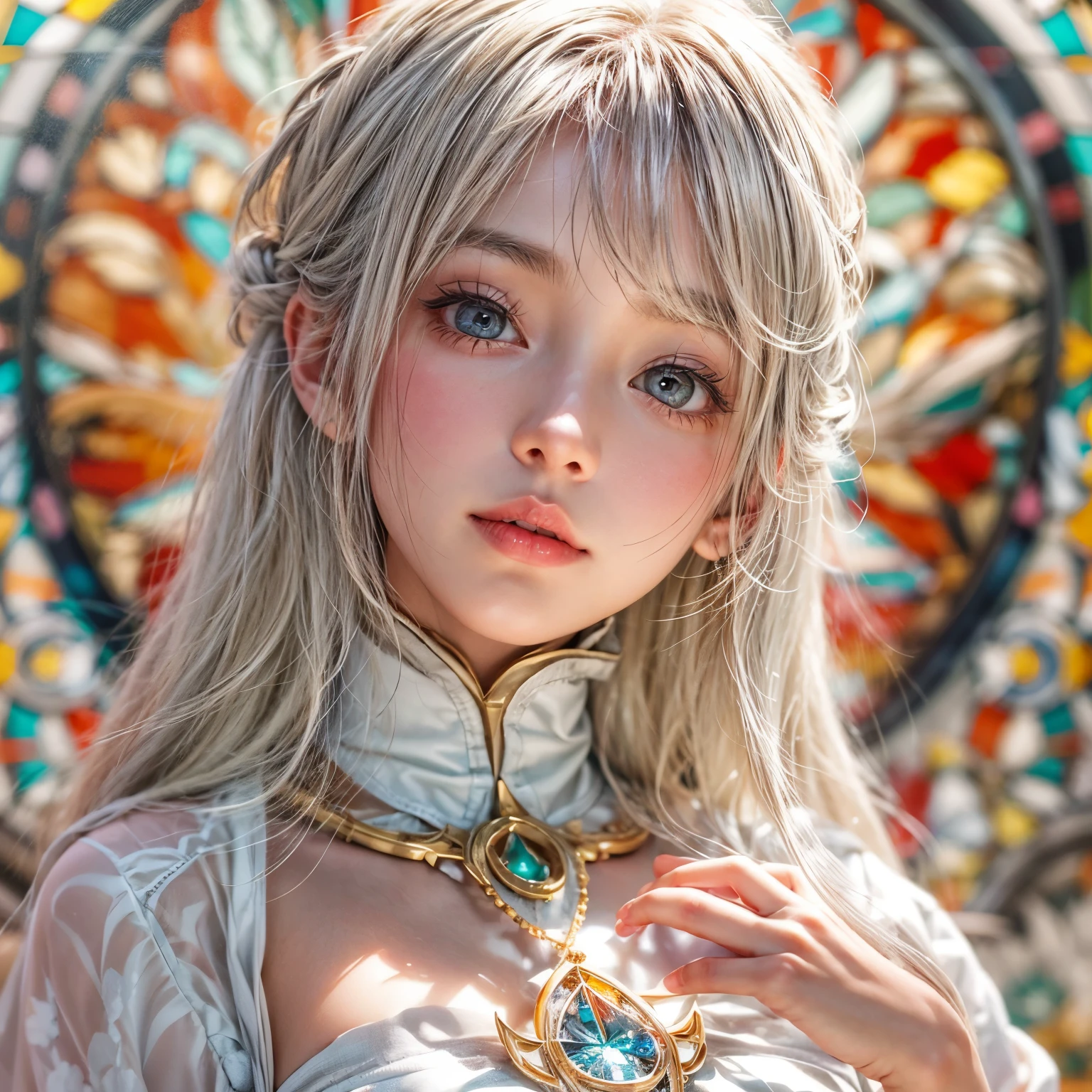 KAWAII girl in ((WHITE loose opened Uniform)), with Glossy RED lips, (Exposed:0.7), (nipple:-1), { Extremely closeup | Dynamic-angle }, ((Dazzling stained glass Background)), (( colorful Light pours down from stunning elaborate stained glass:1.2)), vivid Red colors . ((Acutance:0.8, physically-based 3D rendering with Volumetric lighting)), (masterpiece:1.2), (ultra-detailed:1.35), (realistic, photorealistic, ((photo-realistic:1.37))with touch of rawness) . ((Renbutsu Misako)), (Extremely detailed KAWAII face variations, with Dynamic expressions),  (detailed eyes with sparkling highlights), captivating gaze, long eyelashes, subtle blush on the face, rosy cheeks, impeccable ivory skin texture . { full of flowers covering girl's body | Mystic sight | God rays | haze | Light Particle | Luminous Particle | Lens Flare | A Halo in the air | Overflowing underboob | Button Undoned } . (((Large eyes:-0.9))) .