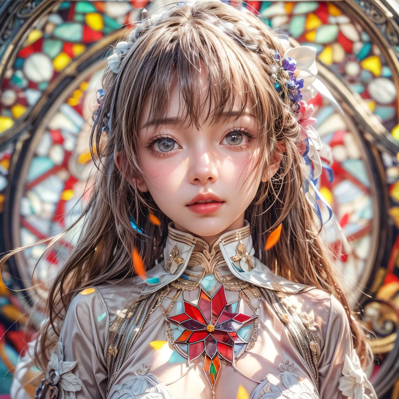 KAWAII girl in ((WHITE loose opened Uniform)), with Glossy RED lips, (Exposed:0.7), (nipple:-1), { Extremely closeup | Dynamic-angle }, ((Dazzling stained glass Background)), (( colorful Light pours down from stunning elaborate stained glass:1.2)), vivid Red colors . ((Acutance:0.8, physically-based 3D rendering with Volumetric lighting)), (masterpiece:1.2), (ultra-detailed:1.35), (realistic, photorealistic, ((photo-realistic:1.37))with touch of rawness) . ((Renbutsu Misako)), (Extremely detailed KAWAII face variations, with Dynamic expressions),  (detailed eyes with sparkling highlights), captivating gaze, long eyelashes, subtle blush on the face, rosy cheeks, impeccable ivory skin texture . { full of flowers covering girl's body | Mystic sight | God rays | haze | Light Particle | Luminous Particle | Lens Flare | A Halo in the air | Overflowing underboob | Button Undoned } . (((Large eyes:-0.9))) .