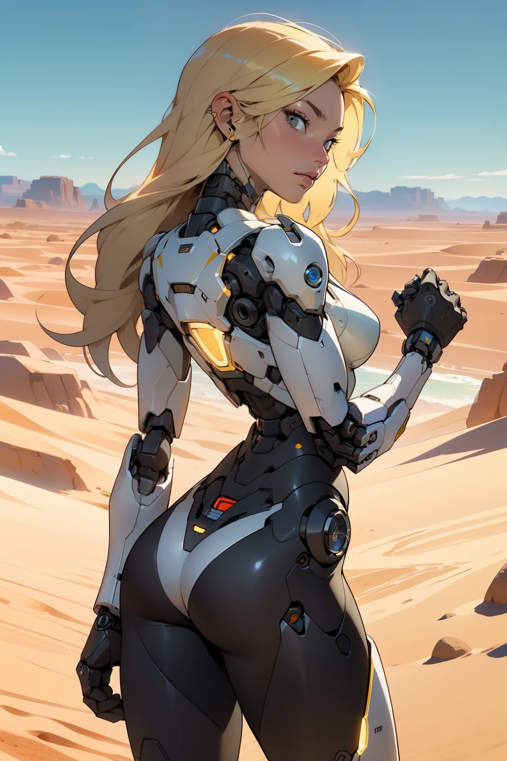 high quality, 4k, masterpiece, beautiful, cyborg girl, cowboy shot, dull eyes, back side, turning around to look at viewer, long blonde hair, girl, small breasts, fit thigh, robotic arms, robotic body, cyborg body, yellow accent, red accent, intricate detail, joint, detailed lines, robotic detail, holding fist up, holding hand up as fist, color robotic parts, robotic parts with color, perfect fingers, on a desert planet, sunny background, colorful desert, a river or a lake in the background
