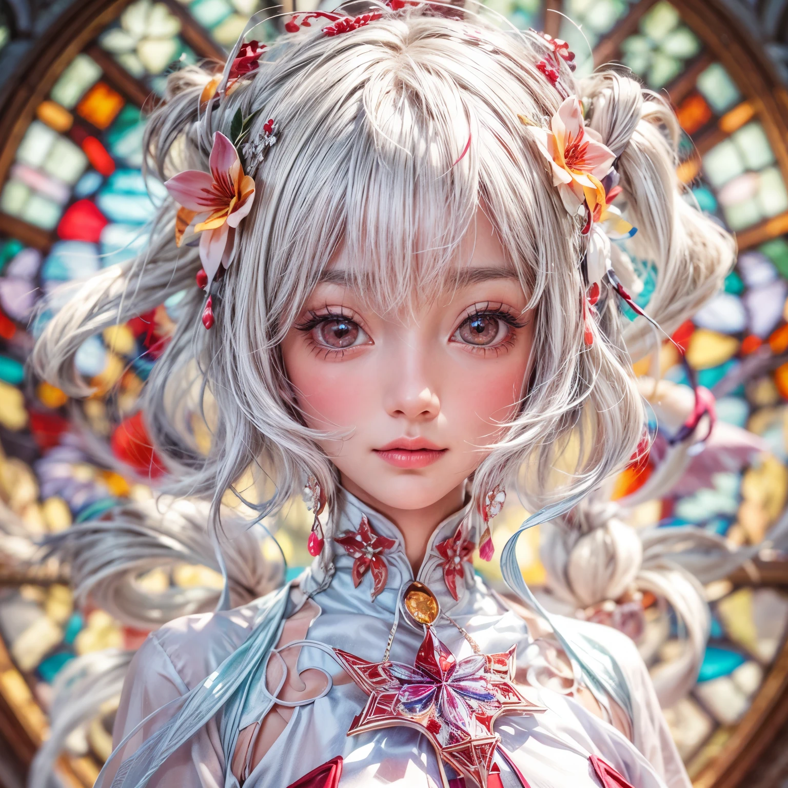 KAWAII girl in ((WHITE)) off shoulder, with Glossy RED lips, (Exposed:0.7), (nipple:-1), { Extremely closeup | Dynamic-angle }, ((Dazzling stained glass Background)), (( colorful Light pours down from stunning elaborate stained glass:1.2)), vivid Red colors . ((Acutance:0.8, physically-based 3D rendering with Volumetric lighting)), (masterpiece:1.2) of professional Analog photo with Hasselblad open aperture, (8K, ultra-detailed:1.35), (realistic, photorealistic, ((photo-realistic:1.37))with touch of rawness) . ((Renbutsu Misako)), (Extremely detailed KAWAII face variations, with Dynamic expressions),  (detailed eyes with sparkling highlights), captivating gaze, long eyelashes, subtle blush on the face, rosy cheeks, impeccable ivory skin texture . { full of flowers covering and surrounding girl's body | Dancing petals | Mystic sight | God rays | haze | Light Particle | Luminous Particle | Lens Flare | A Halo in the air | Overflowing underboob | Button Undoned } . (((Large eyes:-1))) .