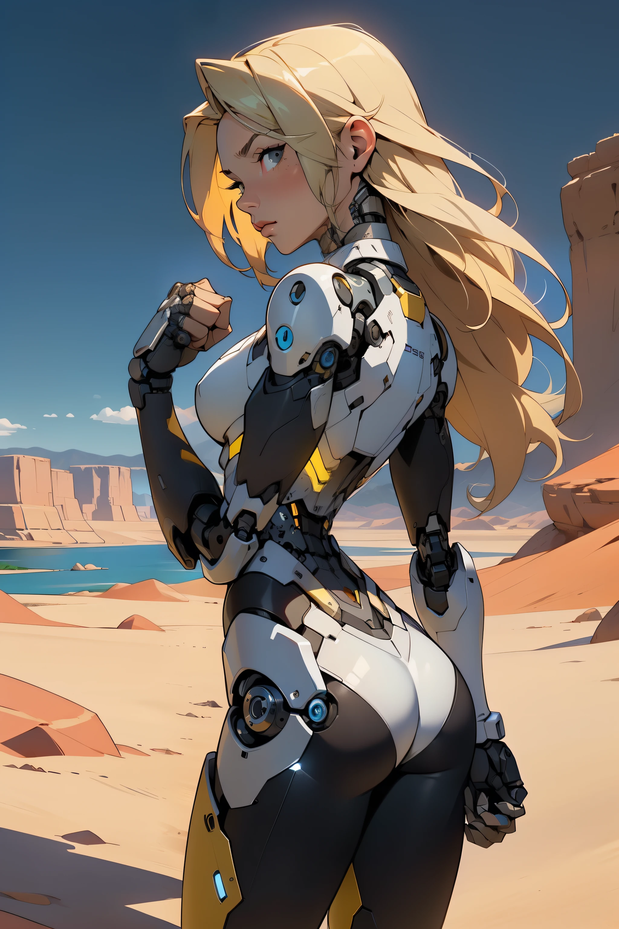 high quality, 4k, masterpiece, beautiful, cyborg girl, cowboy shot, dull eyes, back side, turning around to look at viewer, long blonde hair, girl, small breasts, fit thigh, robotic arms, robotic body, cyborg body, yellow accent, red accent, intricate detail, joint, detailed lines, robotic detail, holding fist up, holding hand up as fist, color robotic parts, robotic parts with color, perfect fingers, on a desert planet, sunny background, colorful desert, a river or a lake in the background