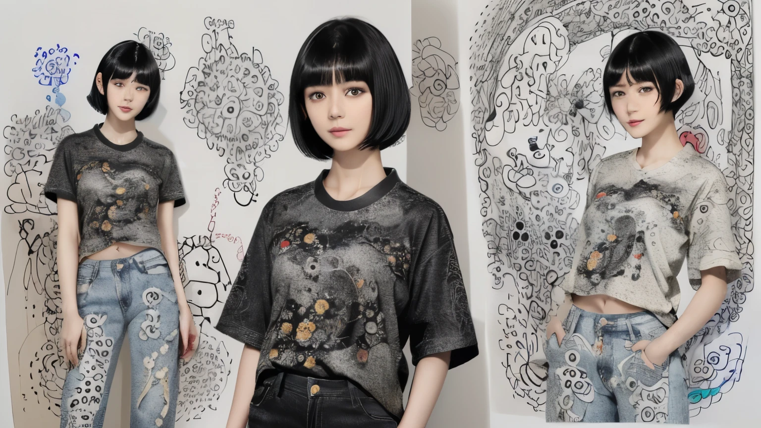 154
(Black Shorthair:1.46), (a 20 yo woman), (A hyper-realistic), (Masterpiece), (8KUHD), (gentle smile), Slender waist, Wearing jeans, ((Floral Clothing - T-Shirts)), Wearing long pants, abstract painting, (doodle:1.46), (brest:1.46), (口紅)