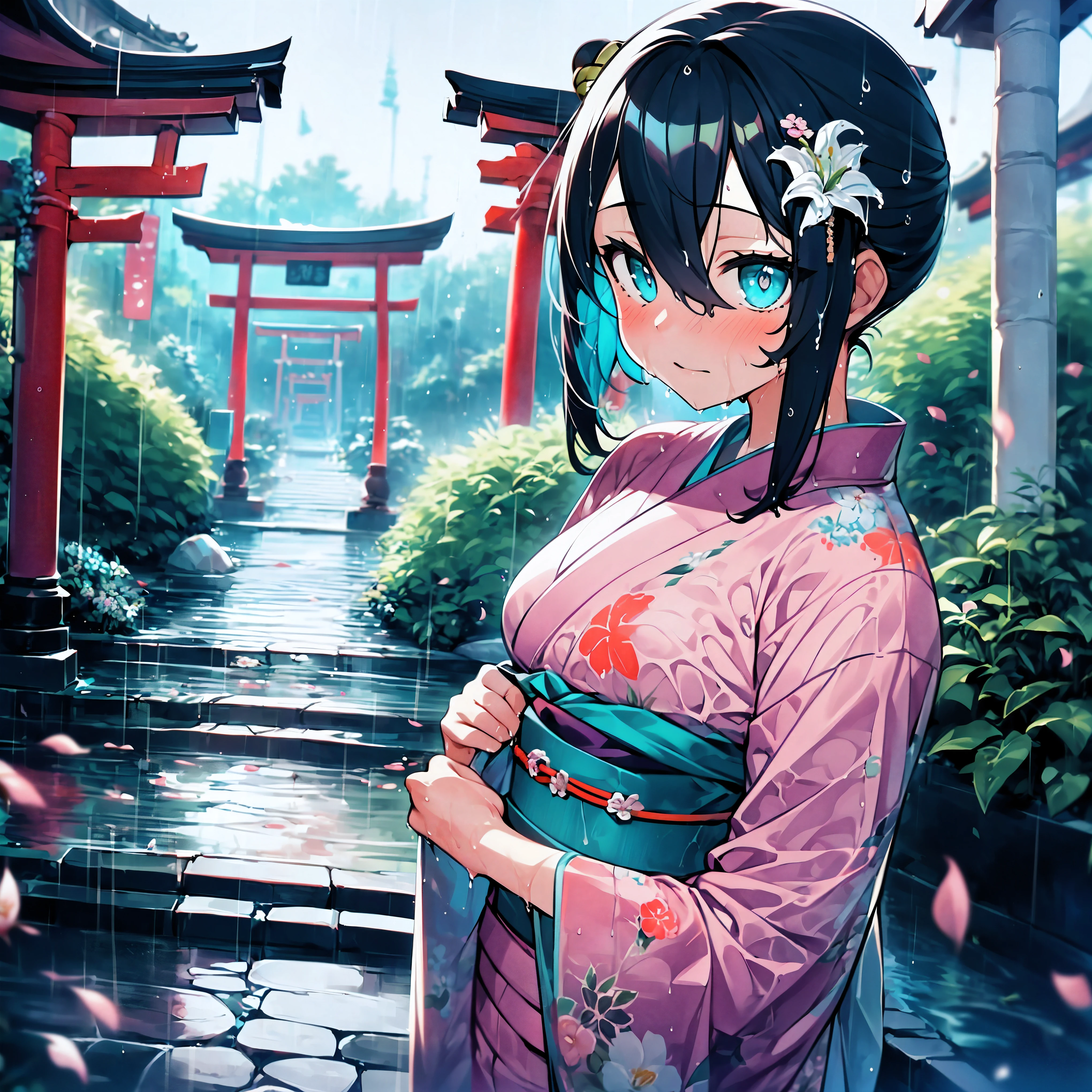 (Throw), (a 9 year old girl:1.2), alone, from above, (white lily flower), aesthetic, complex, won, (best quality, Detailed background, hazy atmosphere), (heavy rain:1.2),((穿着棉质kimono的女孩:1.2)), 棉质kimono, (Walk through the It's raining Zen Garden), (real location), Exquisite and beautiful eyes, casual gesture, Detailed texture, pose, (wet, wet face, Mucus wrap, (kimono很湿) with floral pattern), (wet hair), thick hair, hair accessories, Common, kimono, Heart, outdoor, pagoda, petal, (青色kimono), sash, shrine, skyporn, stone staircase, torii, wide sleeves, yukata,It's raining