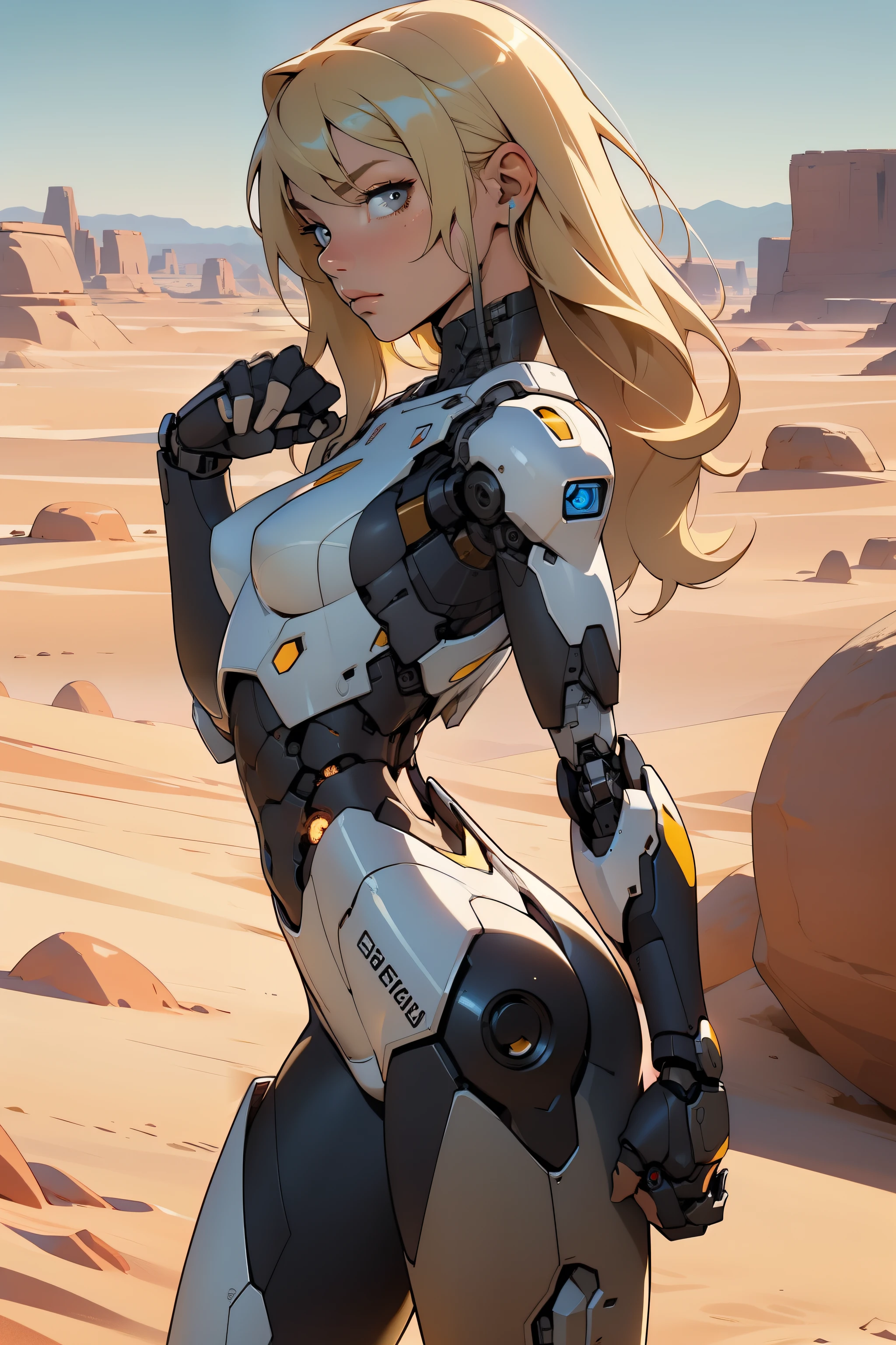 high quality, 4k, masterpiece, beautiful, cyborg girl, cowboy shot, dull eyes, back side, turning around to look at viewer, long blonde hair, girl, small breasts, fit thigh, robotic arms, robotic body, cyborg body, yellow accent, red accent, intricate detail, joint, detailed lines, robotic detail, holding fist up, holding hand up as fist, color robotic parts, robotic parts with color, perfect fingers, on a desert planet, sunny background, colorful desert, a river or a lake in the background