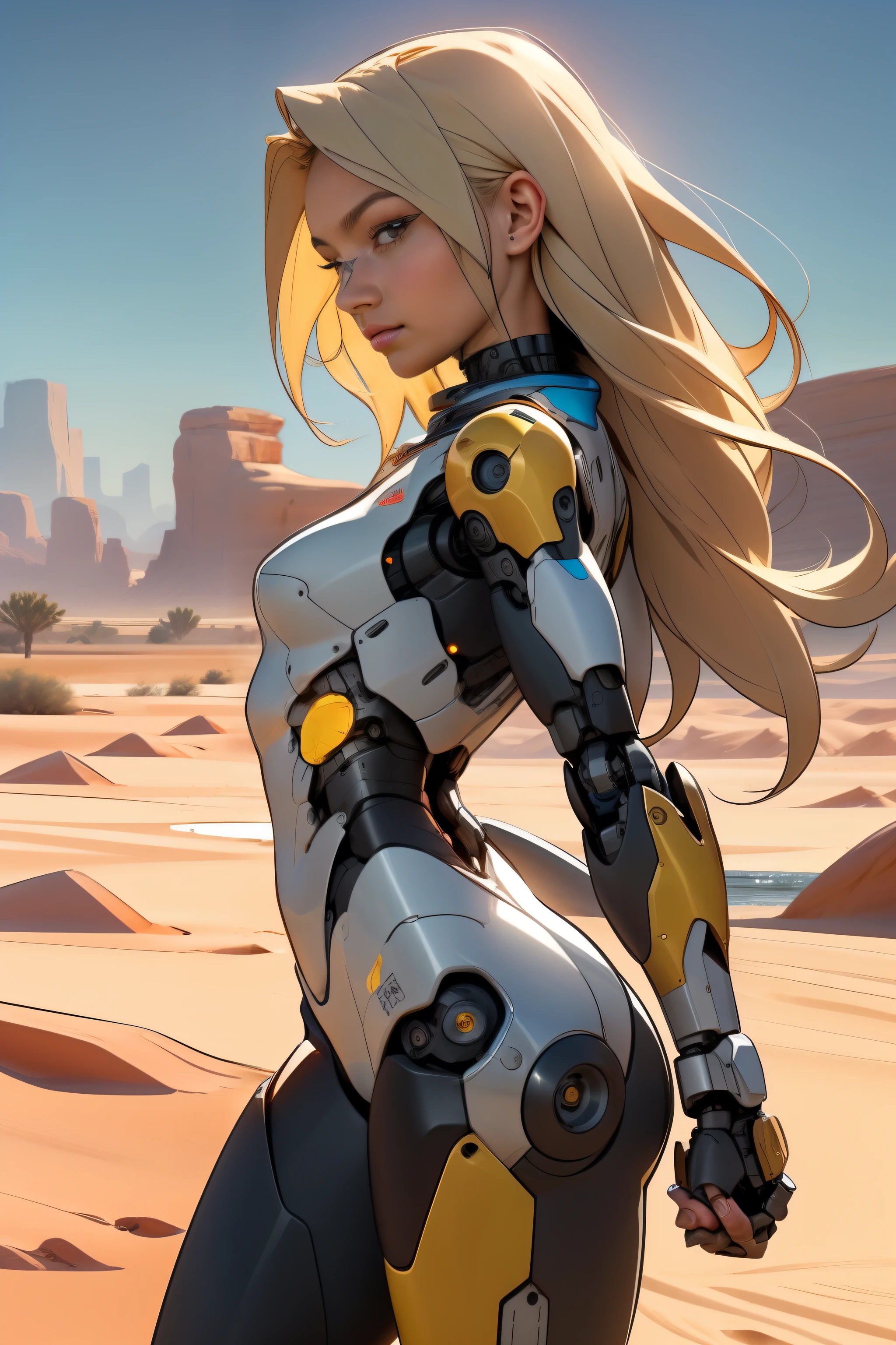 high quality, 4k, masterpiece, beautiful, cyborg girl, cowboy shot, dull eyes, back side, turning around to look at viewer, long blonde hair, girl, small breasts, fit thigh, robotic arms, robotic body, cyborg body, yellow accent, red accent, intricate detail, joint, detailed lines, robotic detail, holding fist up, holding hand up as fist, color robotic parts, robotic parts with color, perfect fingers, on a desert planet, sunny background, colorful desert, a river or a lake in the background