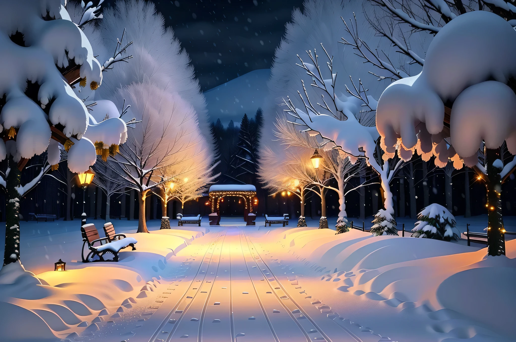 snowy path with benches and string lights in a park, snowy winter christmas night, light snowfall, cozy lights, winter setting, beautiful winter area, snowy night, snowfall at night, snowy winter scene, winter scene fantasy, winter wonderland, cosy enchanted scene, winter night, fairy lights, snowy winter, winter atmosphere, perfect lighting in a snow storm, glowing snow, cozy setting