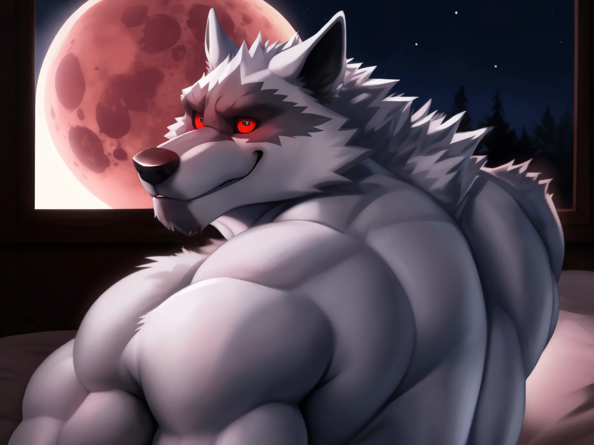 DeathWolf ((male, muscular)) best quality, ultra high res,1furry boy, solo, detailed eyes, volumetric lighting, amazing, finely detail, white fur, red eyes, white sclera, bright pupils, bedroom, on the bed, muscular, upper body, full moon outside the windows, night, blood moon (e621_rossciaco, e621_adios),