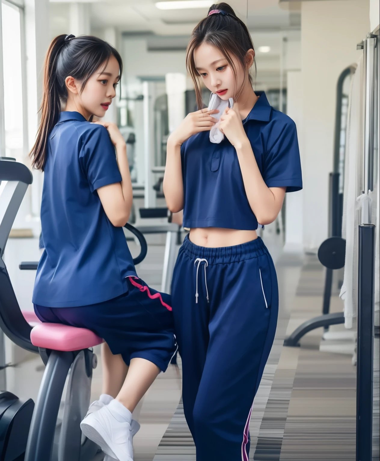 3 girls in fitness center, Navy blue short-sleeved shirt,Navy Long Trackpant,Sweatpants, Sweatpantsขายาว,25 year old girl, lesbian, sexy, exercise clothes, wet body, exercise clothes