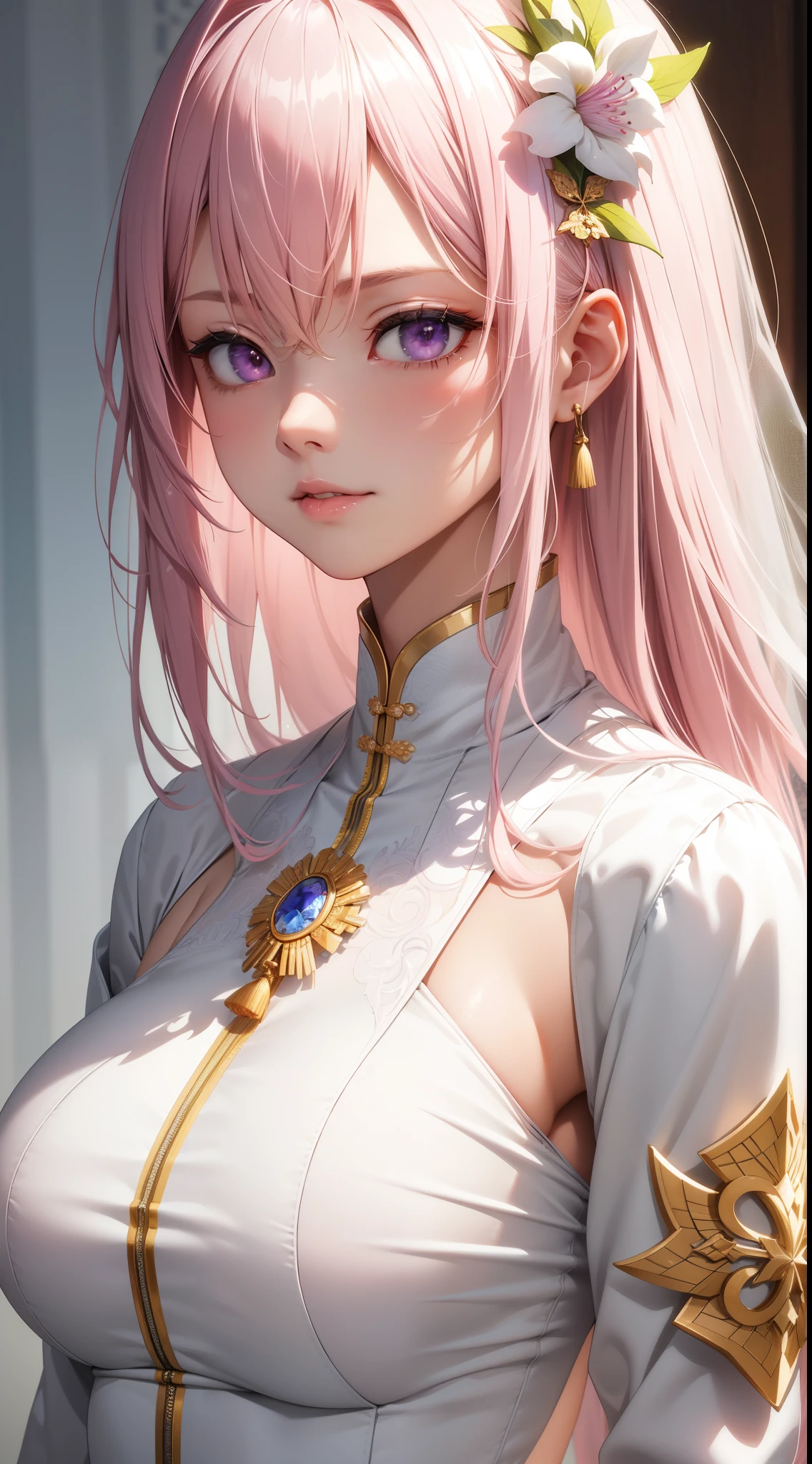 (masterpiece, best quality), intricate details, thin, ((slim)), beautiful girl, Light pink hair, white skin, light purple eyes, sharp jawline, cropped jacket, messy hair, lips, upper body, close up, smirk