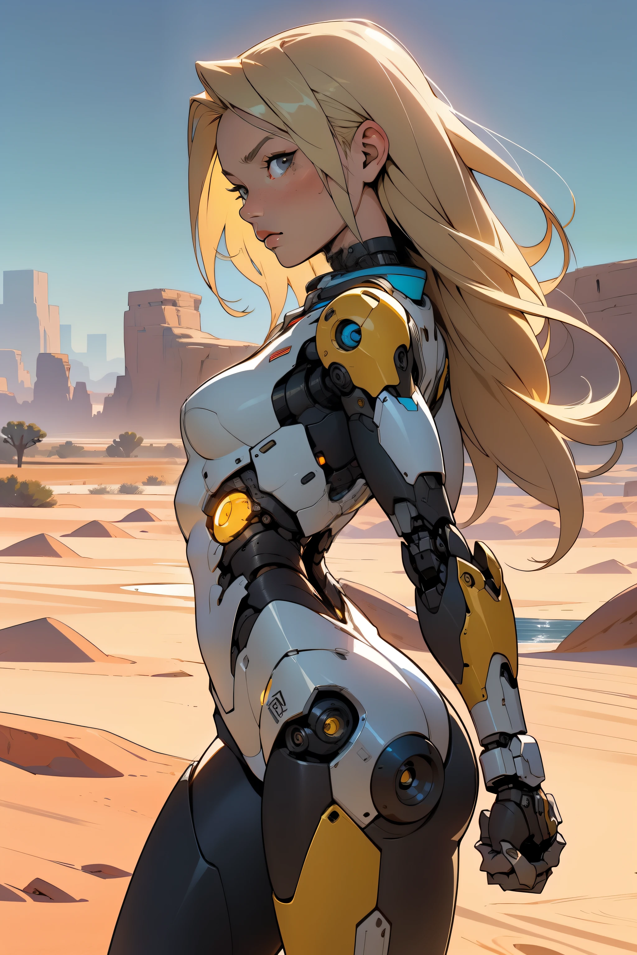 high quality, 4k, masterpiece, beautiful, cyborg girl, cowboy shot, dull eyes, back side, turning around to look at viewer, long blonde hair, girl, small breasts, fit thigh, robotic arms, robotic body, cyborg body, yellow accent, red accent, intricate detail, joint, detailed lines, robotic detail, holding fist up, holding hand up as fist, color robotic parts, robotic parts with color, perfect fingers, on a desert planet, sunny background, colorful desert, a river or a lake in the background