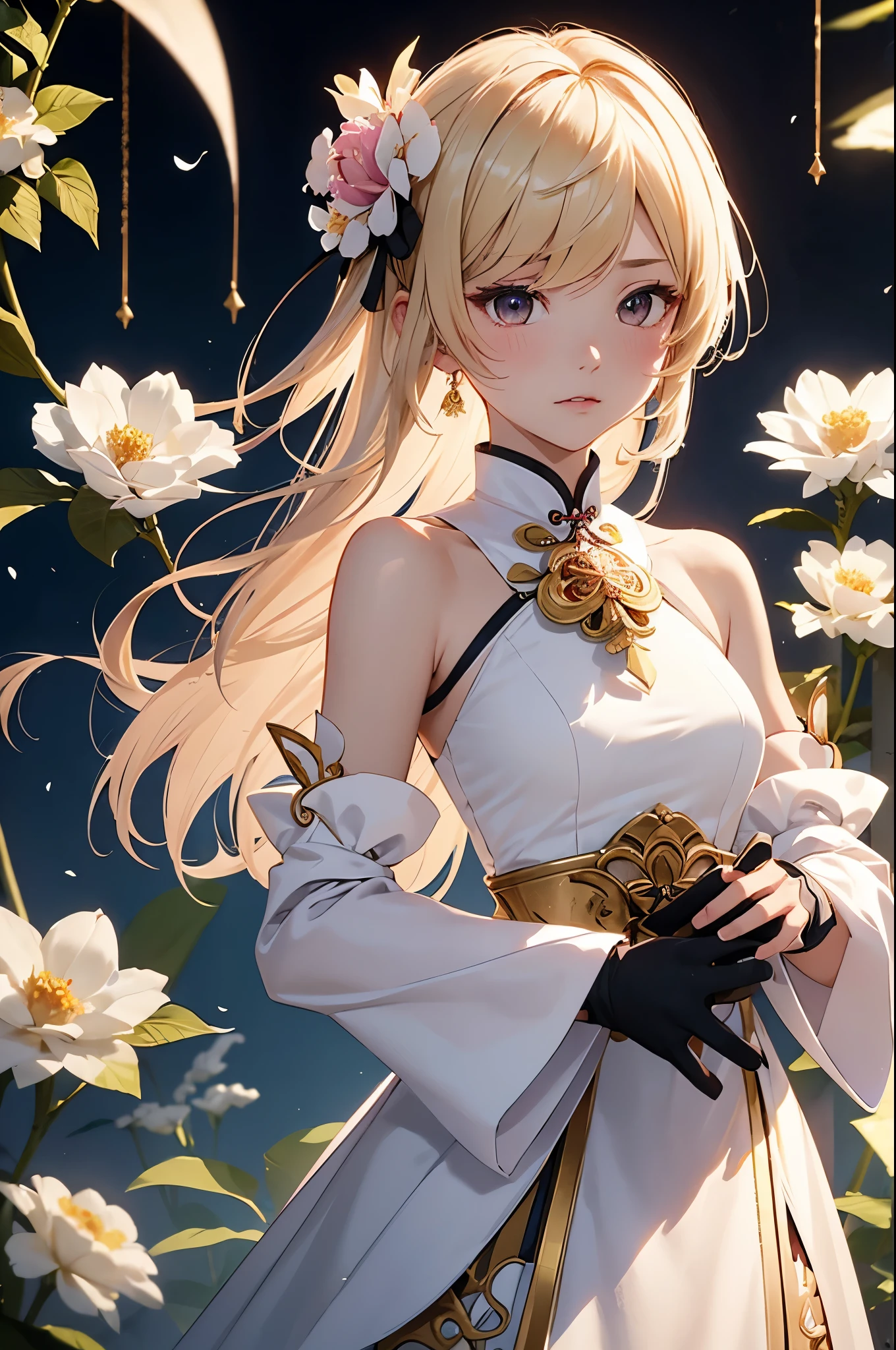 masterpiece,best quality,1girl, ganyu \(genshin impact\), solo, qingxin flower, detached sleeves, blush, looking at viewer, bare shoulders, white flower, white sleeves, neck bell, black gloves, gold trim, vision \(genshin impact\), flower knot, chinese knot, holding flower, upper body, white background, flying sweatdrops